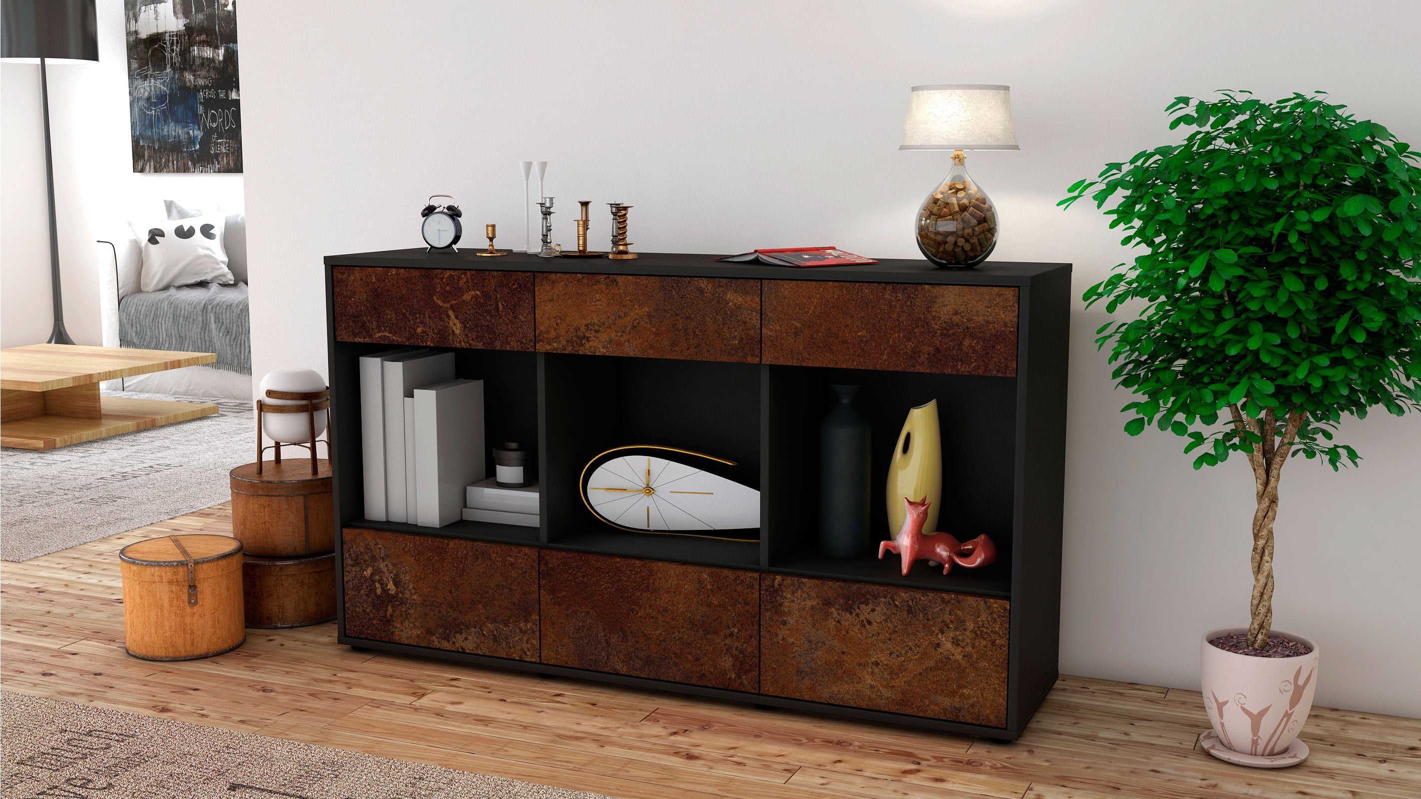 Sideboard - Efisia - Design Industrie Stil - Freistehend mit Push to Open 136 cm Anthrazit