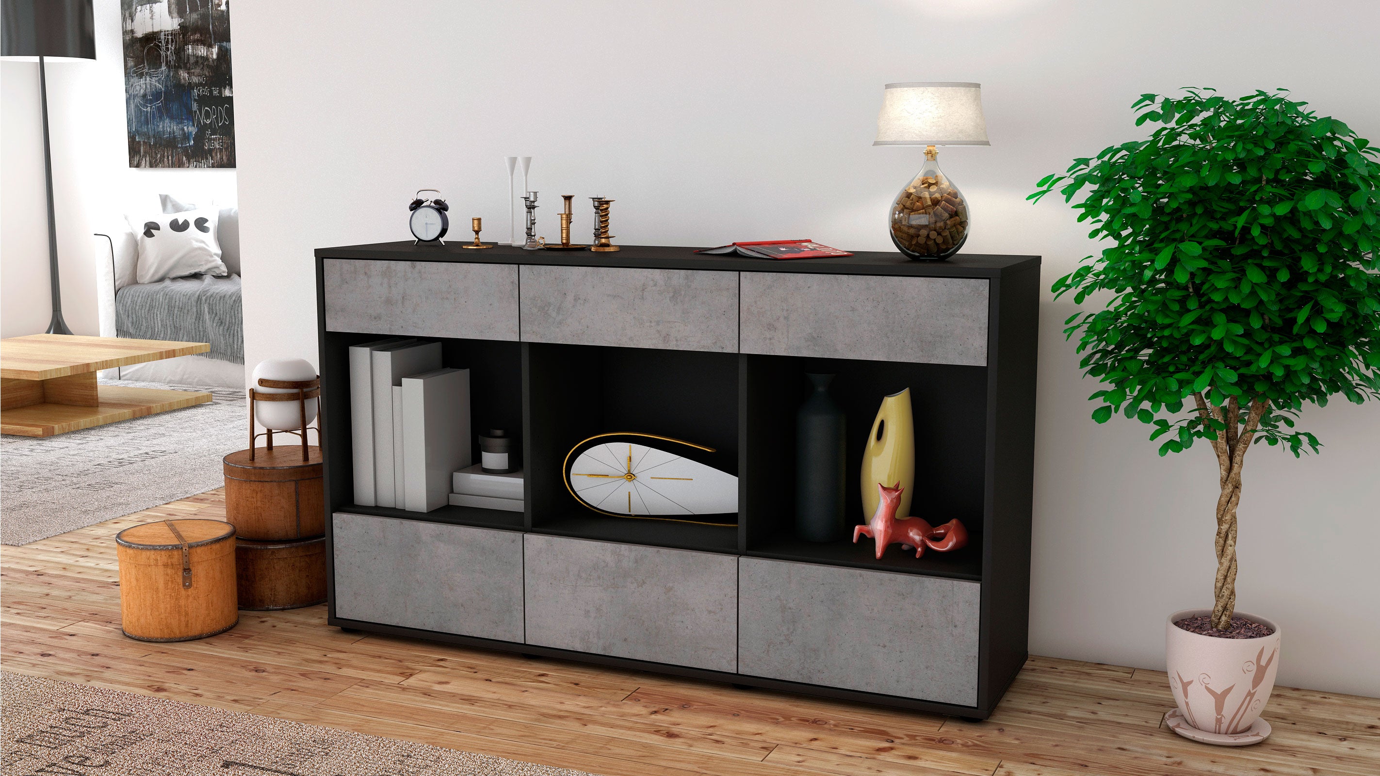 Sideboard - Efisia - Design Industrie Stil - Freistehend mit Push to Open 136 cm Anthrazit