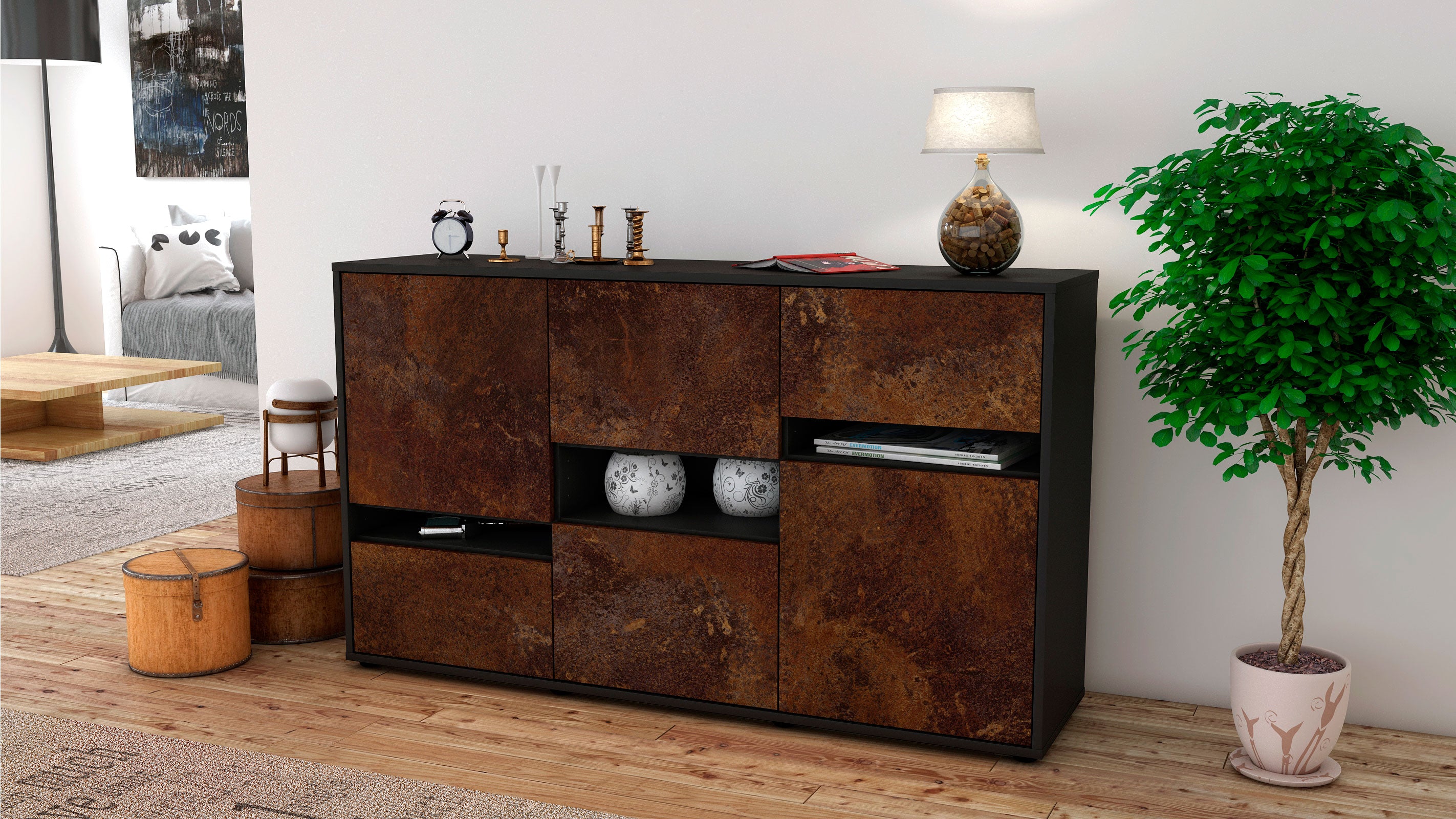 Sideboard - Egizia - Design Industrie Stil - Freistehend mit Push to Open 136 cm Anthrazit