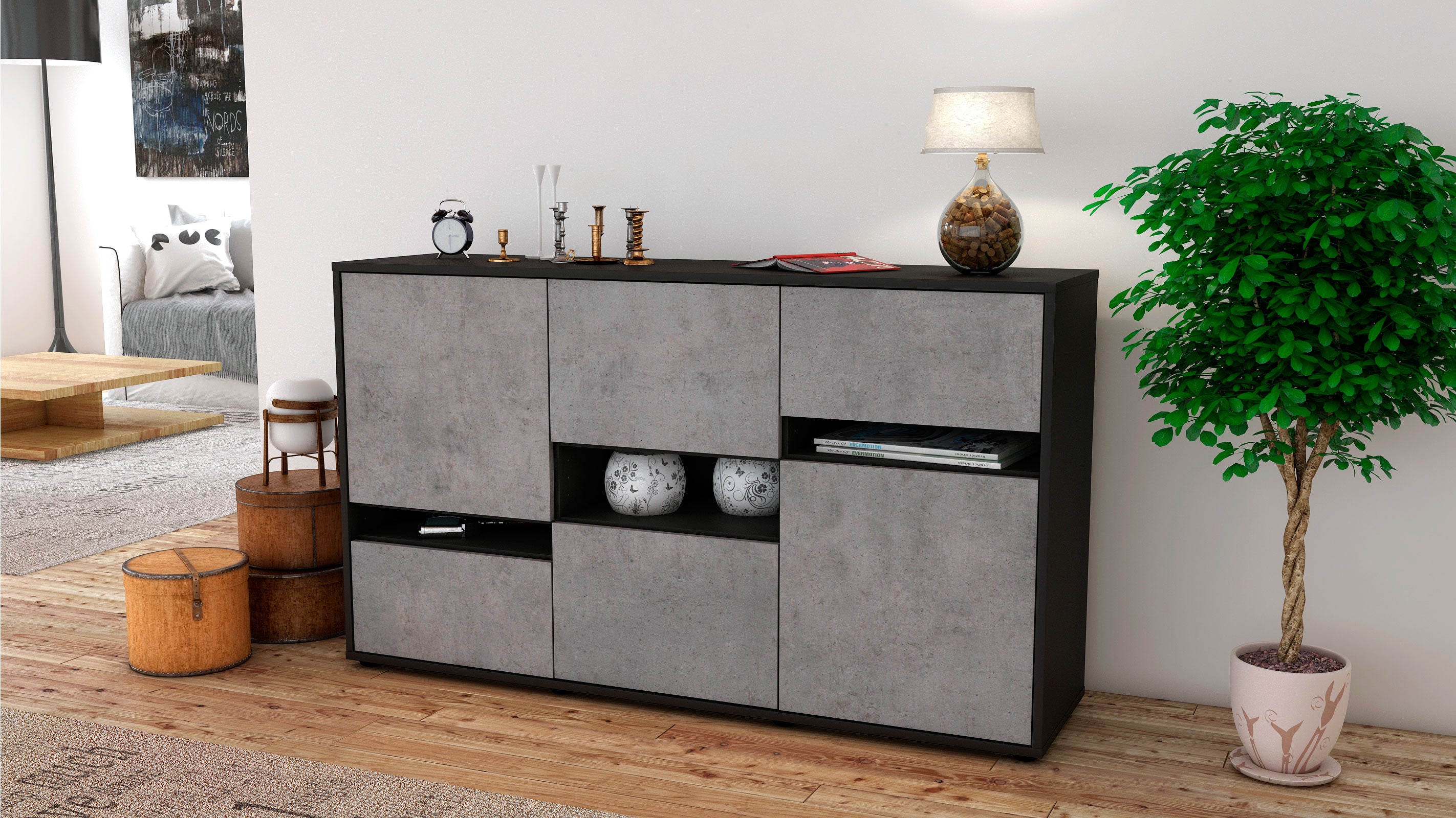 Sideboard - Egizia - Design Industrie Stil - Freistehend mit Push to Open 136 cm Anthrazit