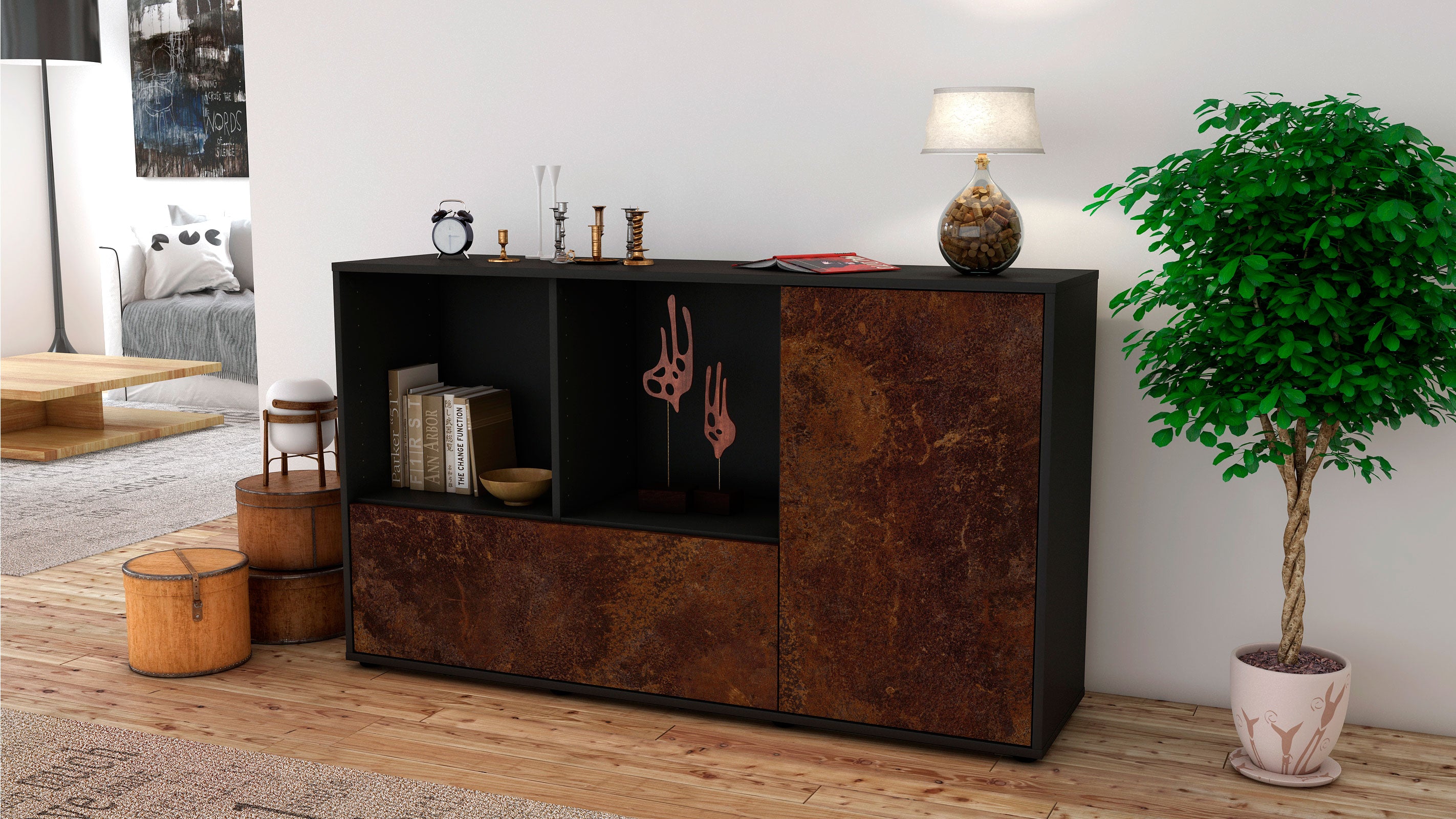 Sideboard - Ela - Design Industrie Stil - Freistehend mit Push to Open 136 cm Anthrazit