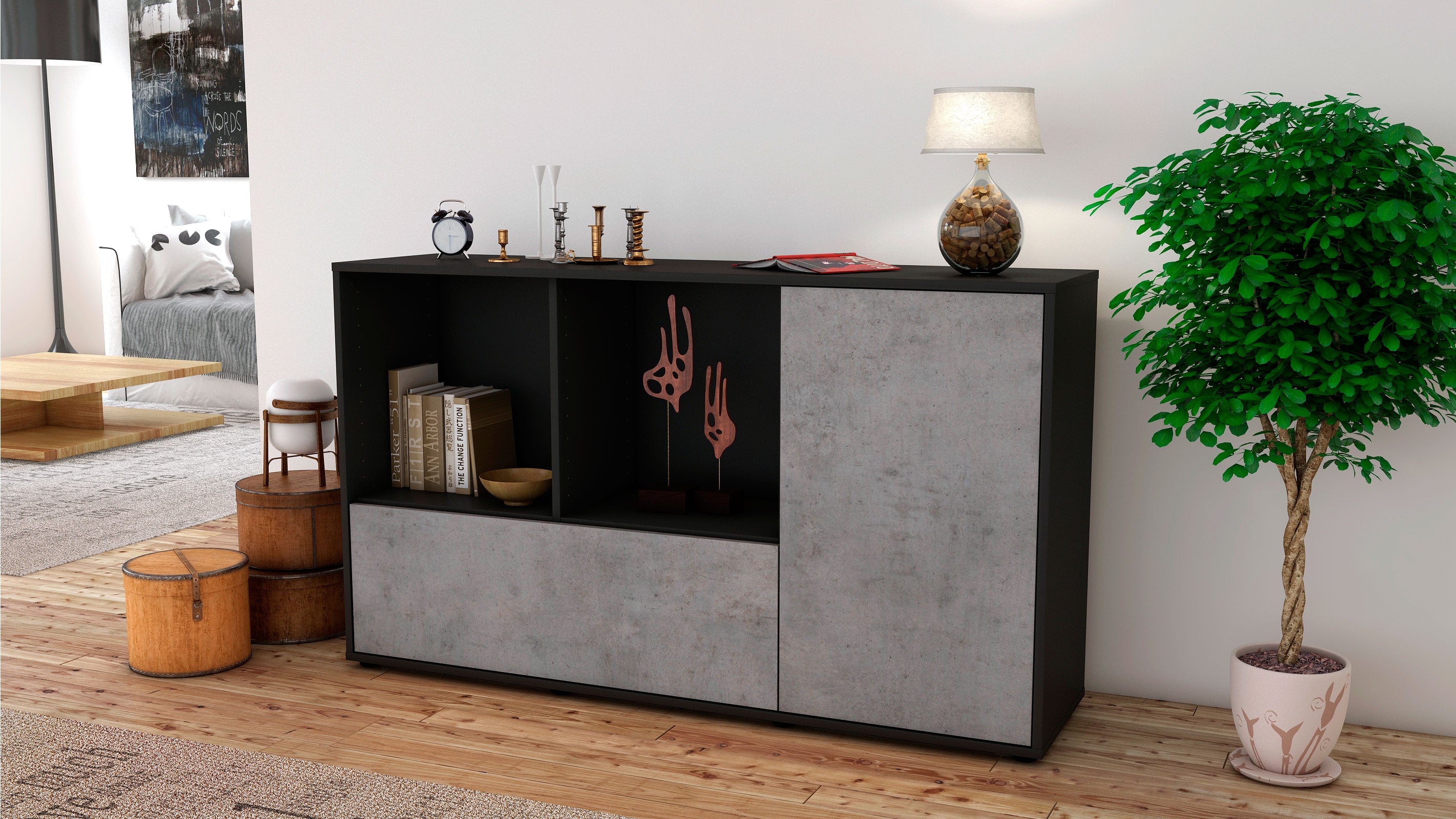 Sideboard - Ela - Design Industrie Stil - Freistehend mit Push to Open 136 cm Anthrazit