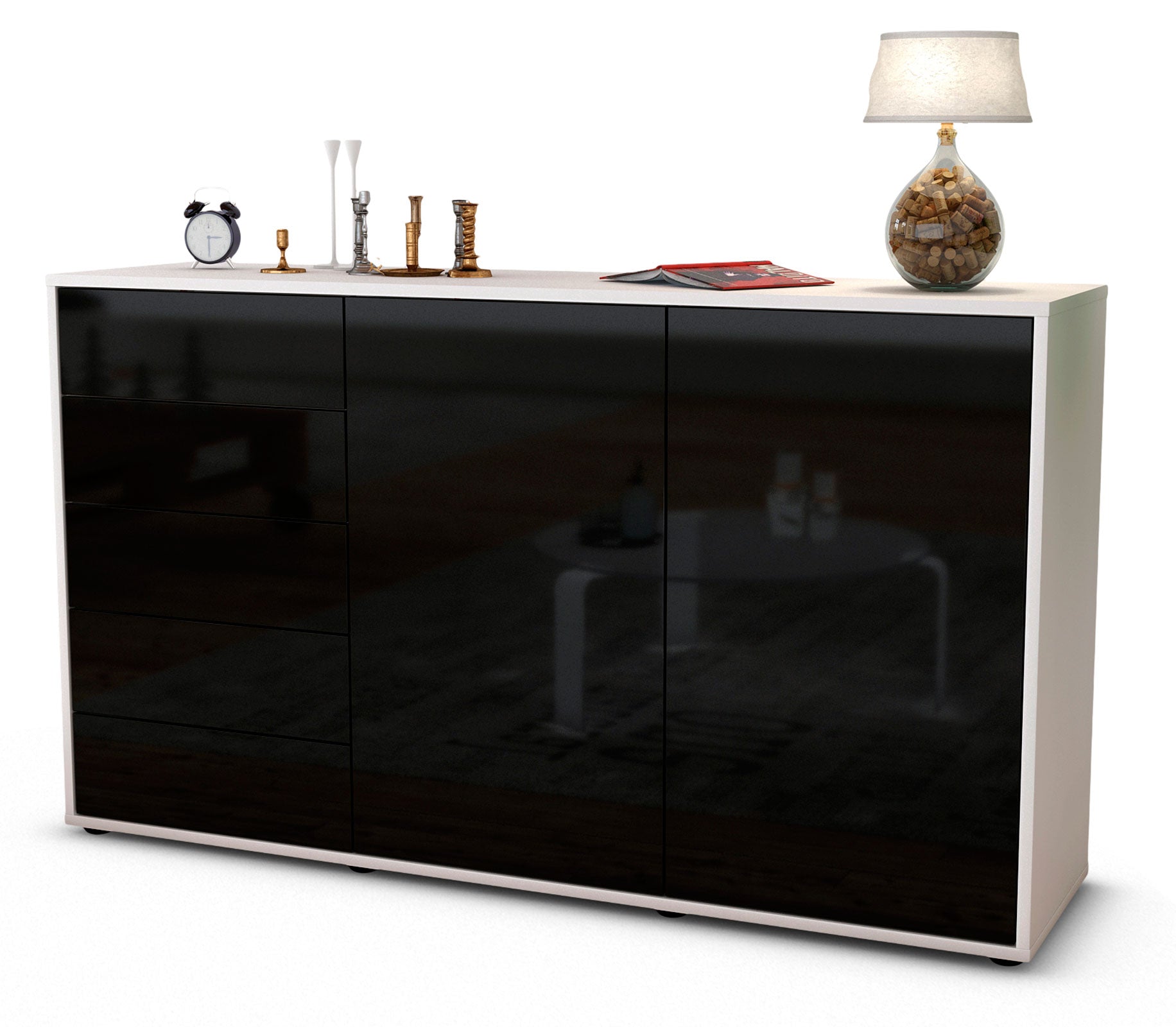 Sideboard - Dorentina - Design Hochglanz - Freistehend mit Push to Open 136 cm Weiss