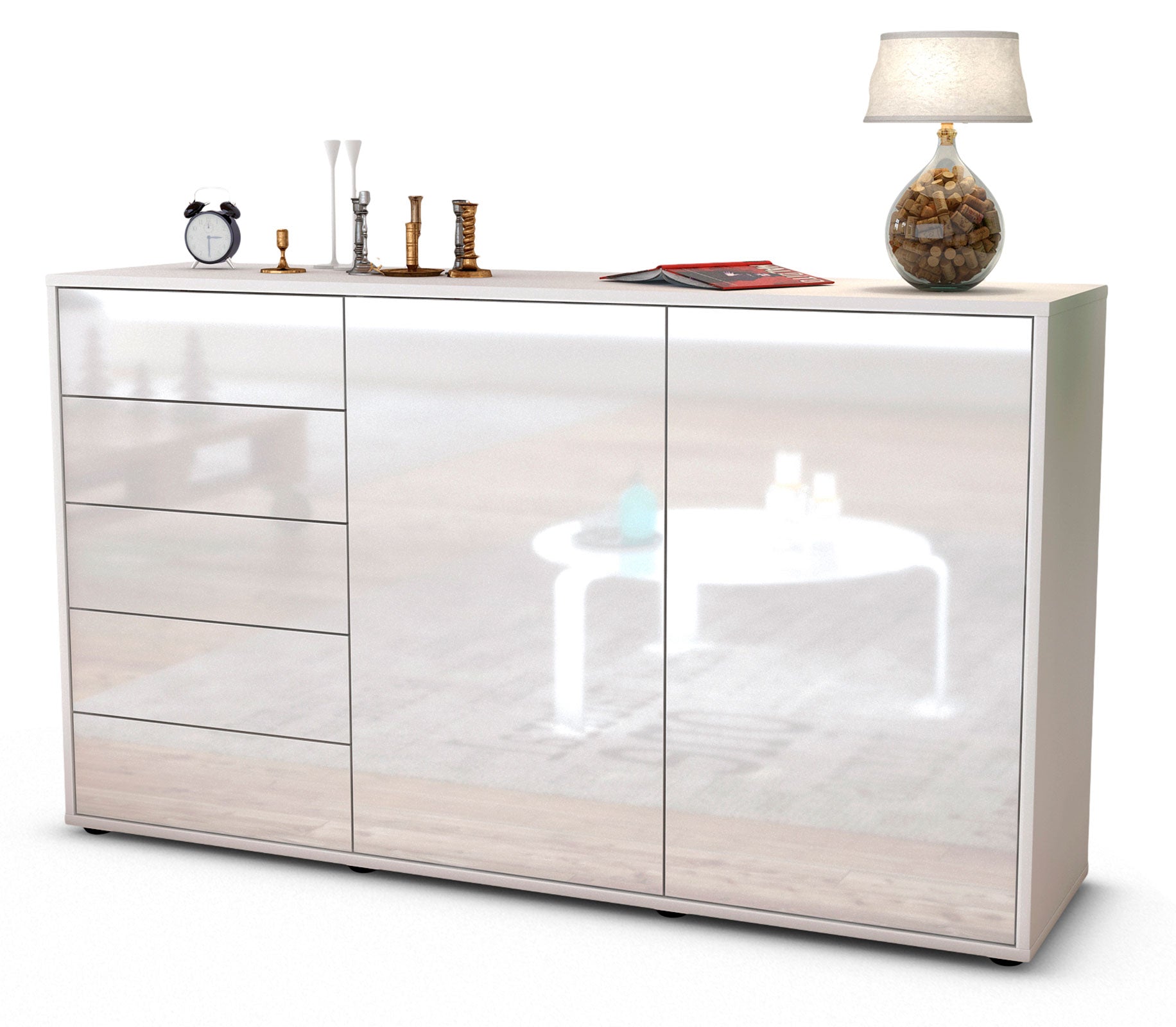 Sideboard - Dorentina - Design Hochglanz - Freistehend mit Push to Open 136 cm Weiss