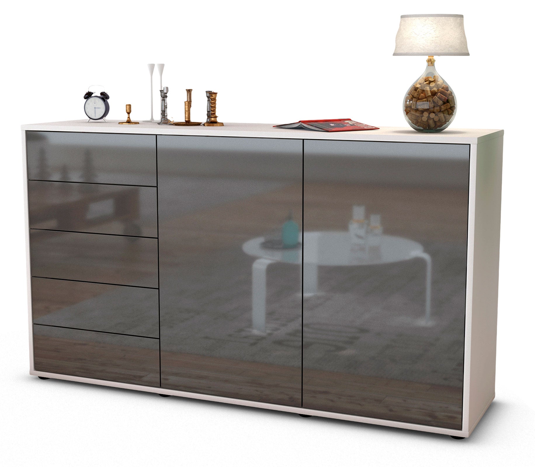 Sideboard - Dorentina - Design Hochglanz - Freistehend mit Push to Open 136 cm Weiss