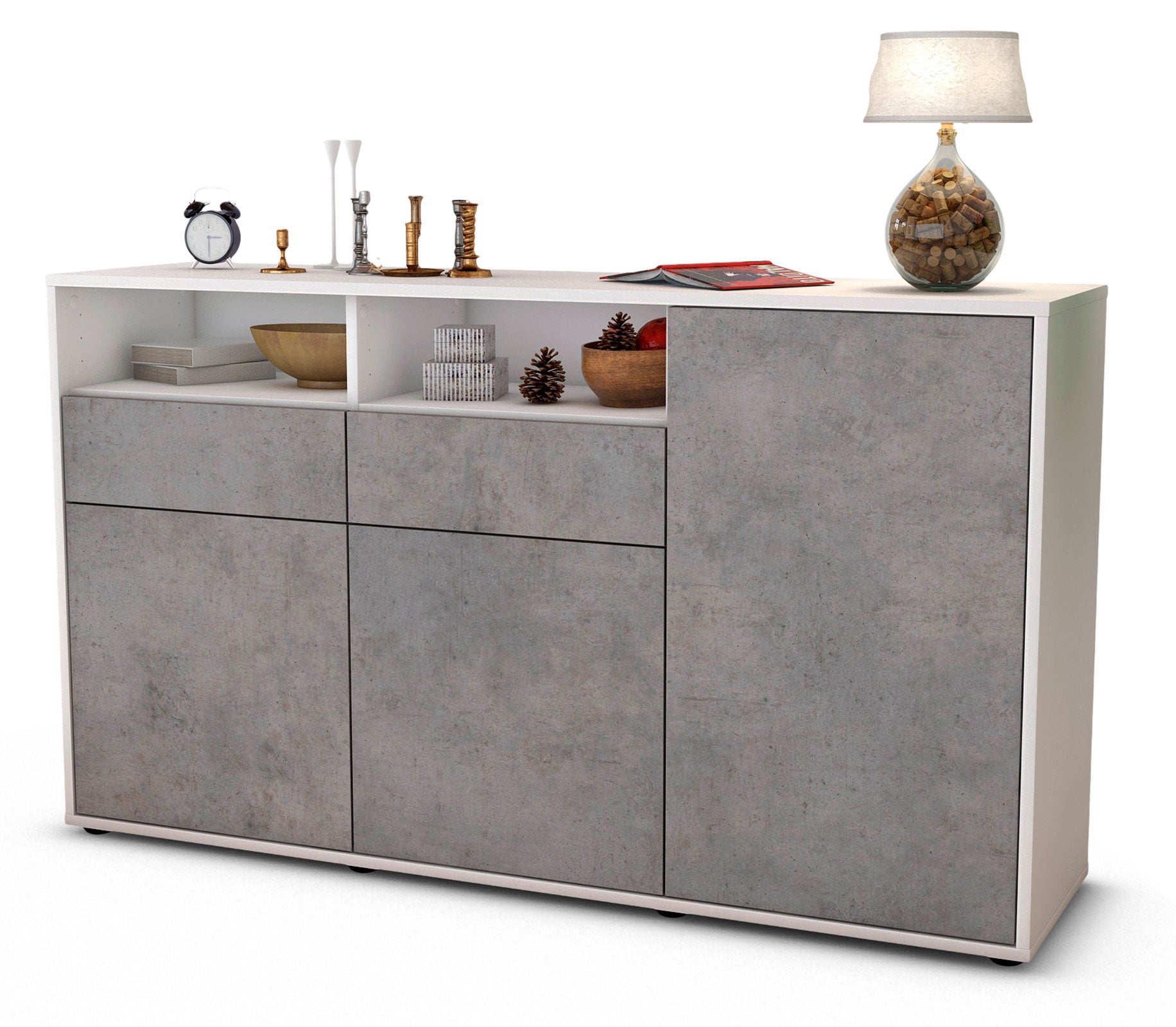 Sideboard - Editta - Design Industrie Stil - Freistehend mit Push to Open 136 cm Weiss