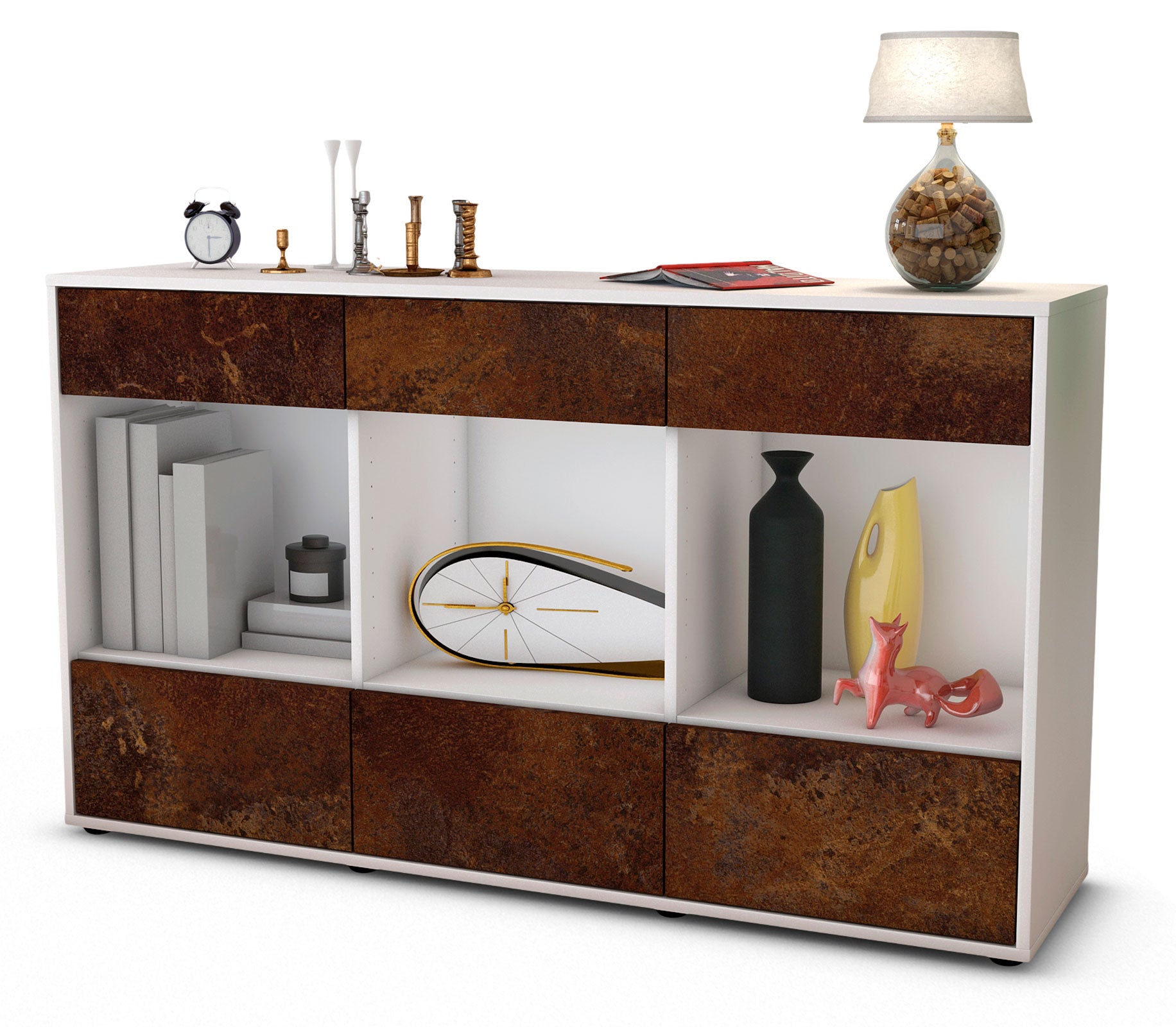 Sideboard - Efisia - Design Industrie Stil - Freistehend mit Push to Open 136 cm Weiss