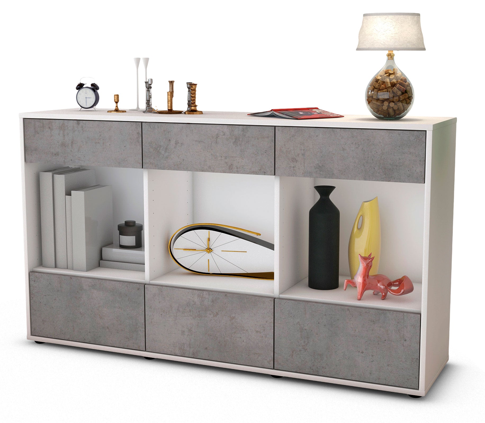 Sideboard - Efisia - Design Industrie Stil - Freistehend mit Push to Open 136 cm Weiss