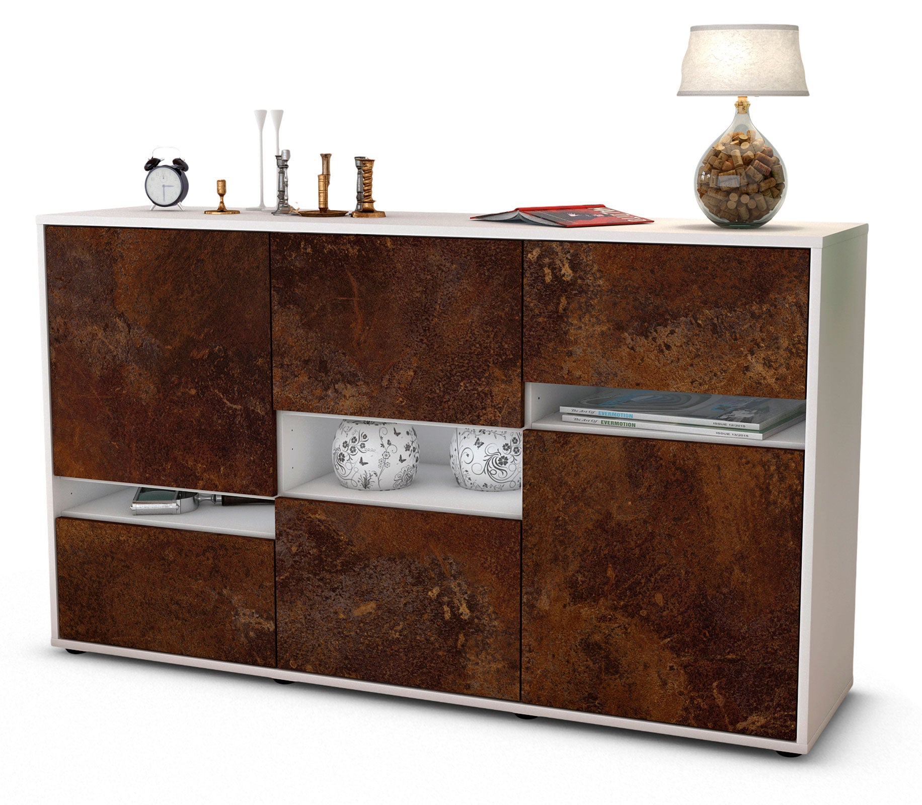 Sideboard - Egizia - Design Industrie Stil - Freistehend mit Push to Open 136 cm Weiss