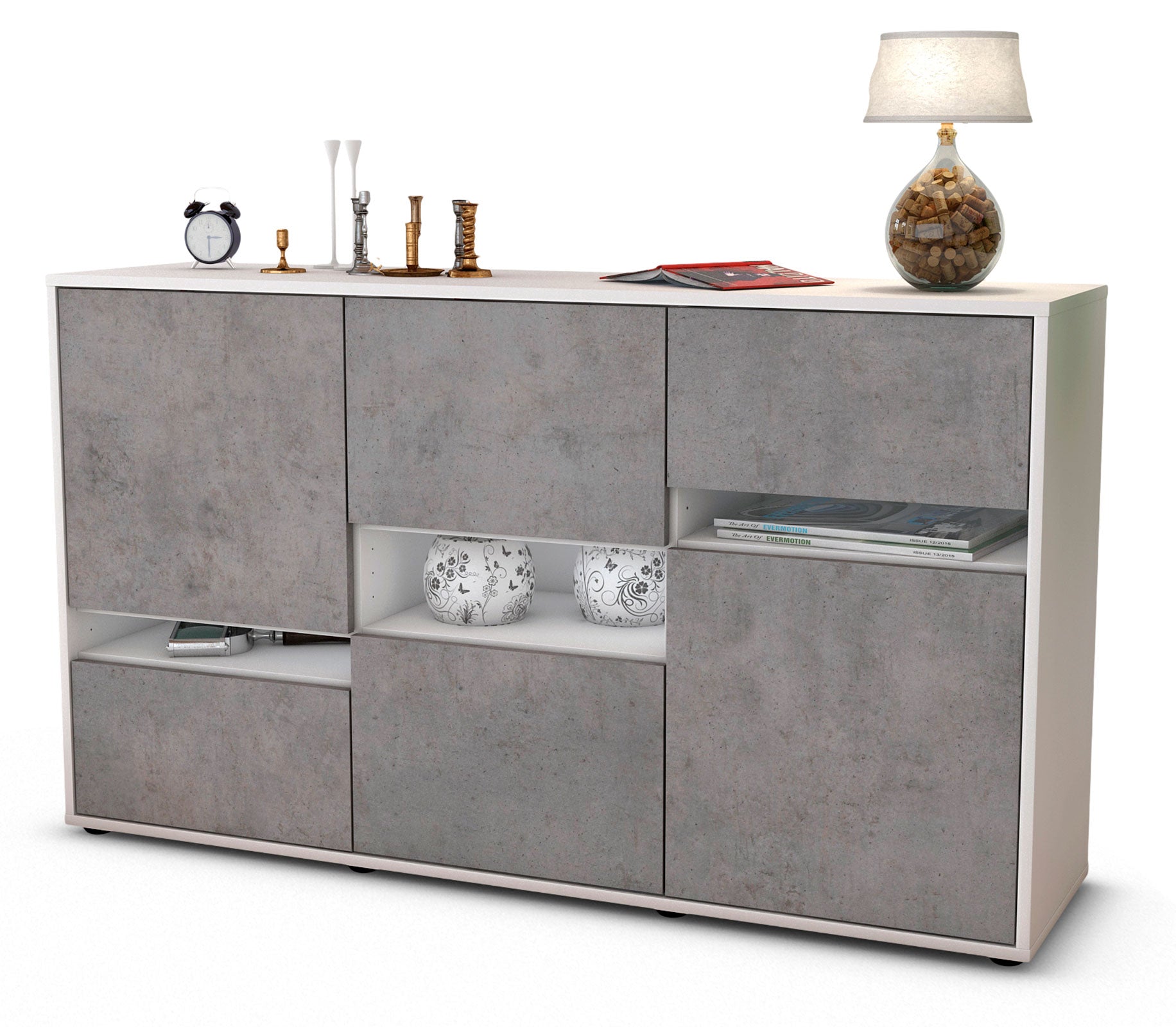 Sideboard - Egizia - Design Industrie Stil - Freistehend mit Push to Open 136 cm Weiss