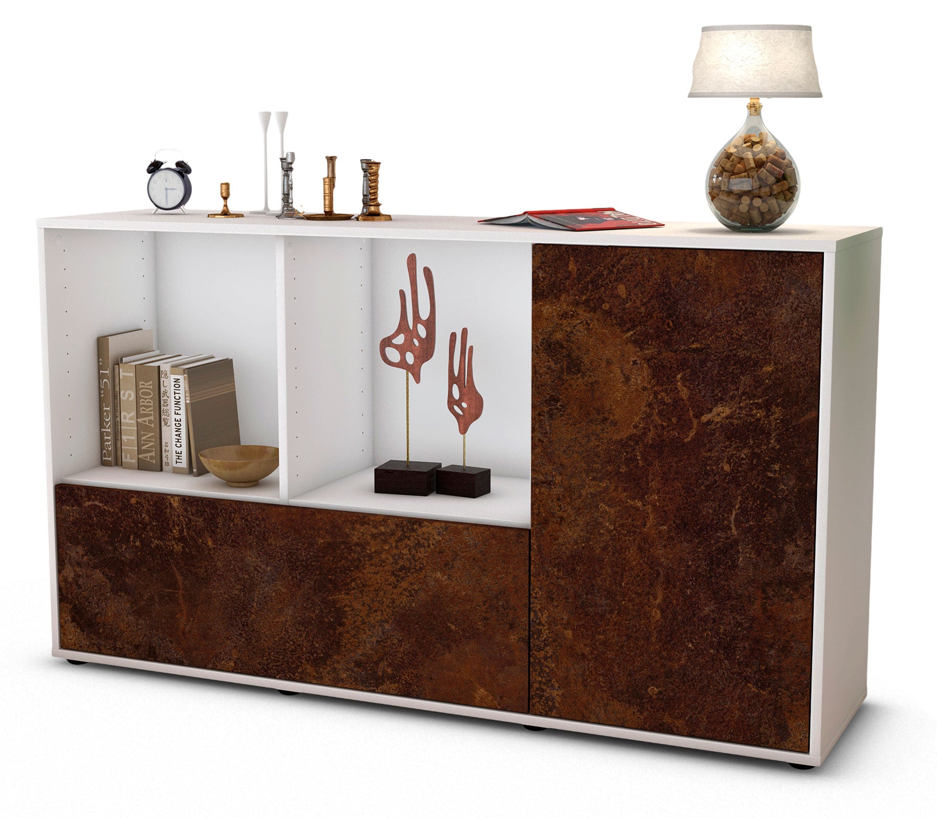 Sideboard - Ela - Design Industrie Stil - Freistehend mit Push to Open 136 cm Weiss