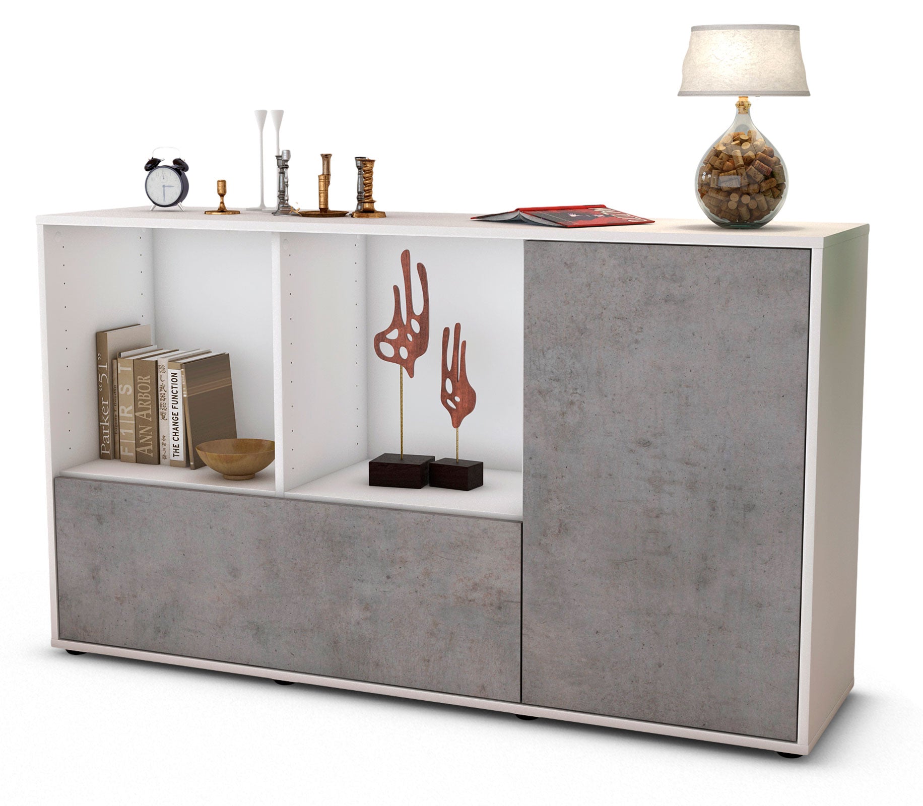 Sideboard - Ela - Design Industrie Stil - Freistehend mit Push to Open 136 cm Weiss