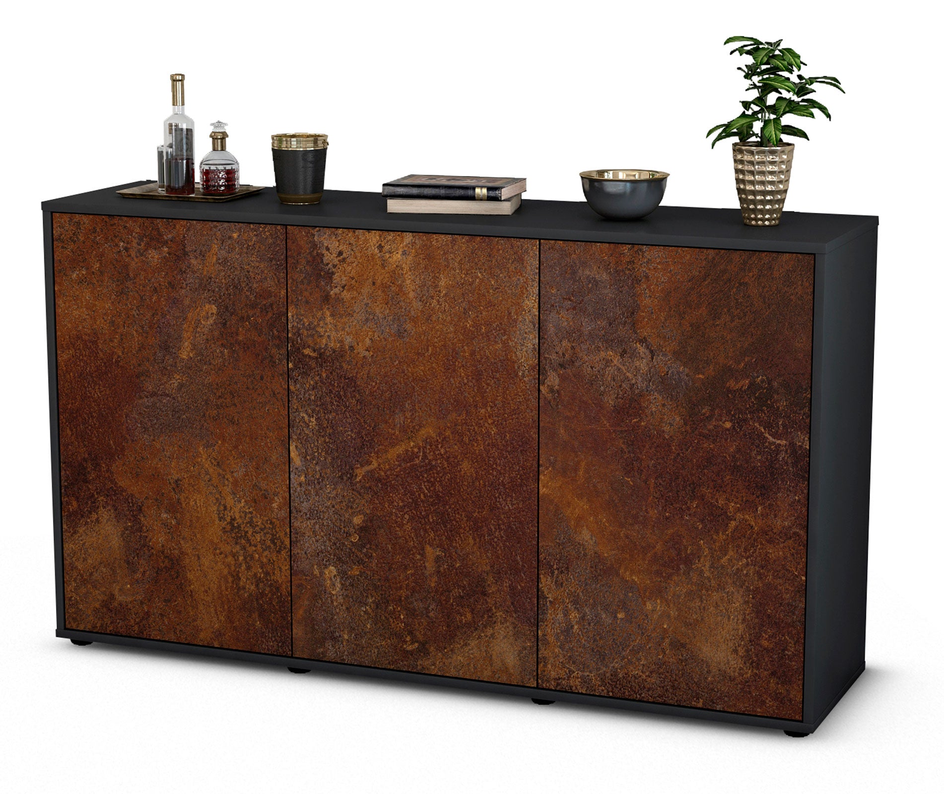 Sideboard - Delia - Design Industrie Stil - Freistehend mit Push to Open 136 cm Anthrazit