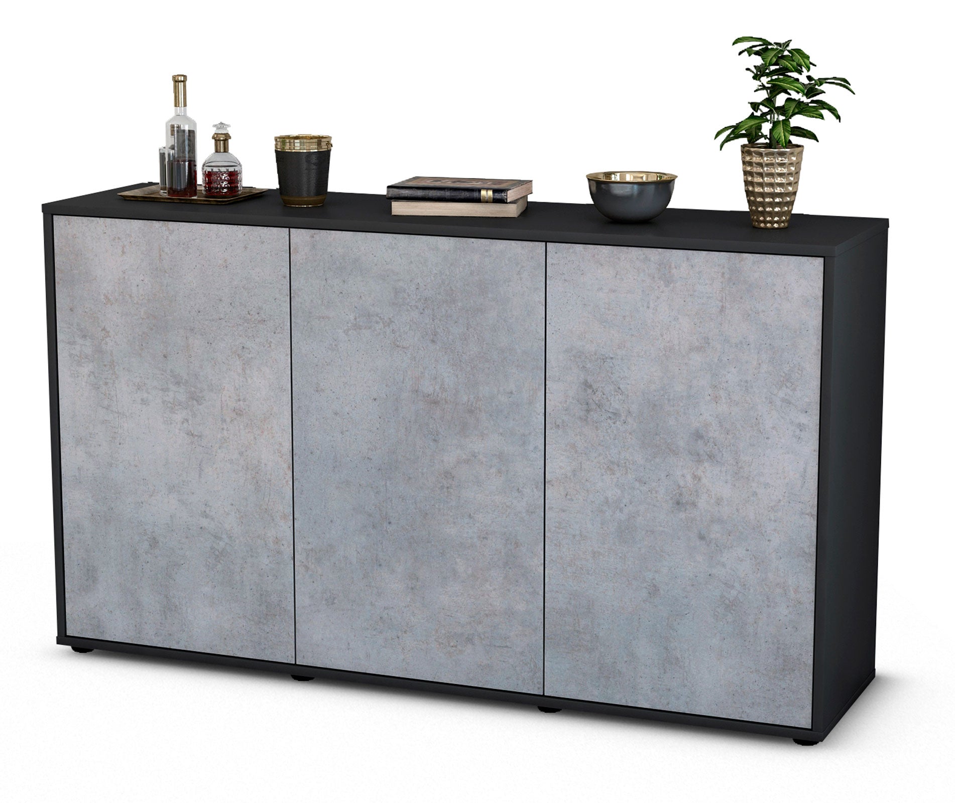 Sideboard - Delia - Design Industrie Stil - Freistehend mit Push to Open 136 cm Anthrazit