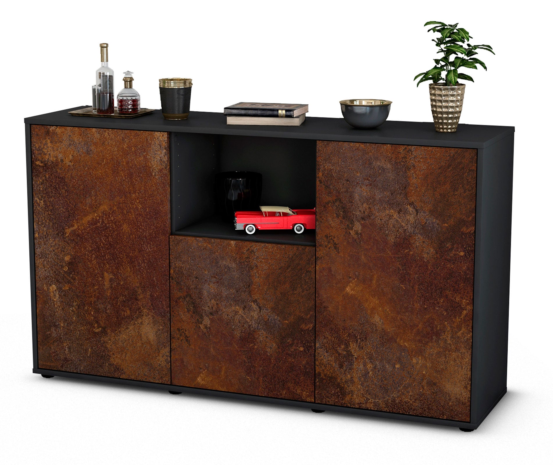 Sideboard - Demetria - Design Industrie Stil - Freistehend mit Push to Open 136 cm Anthrazit