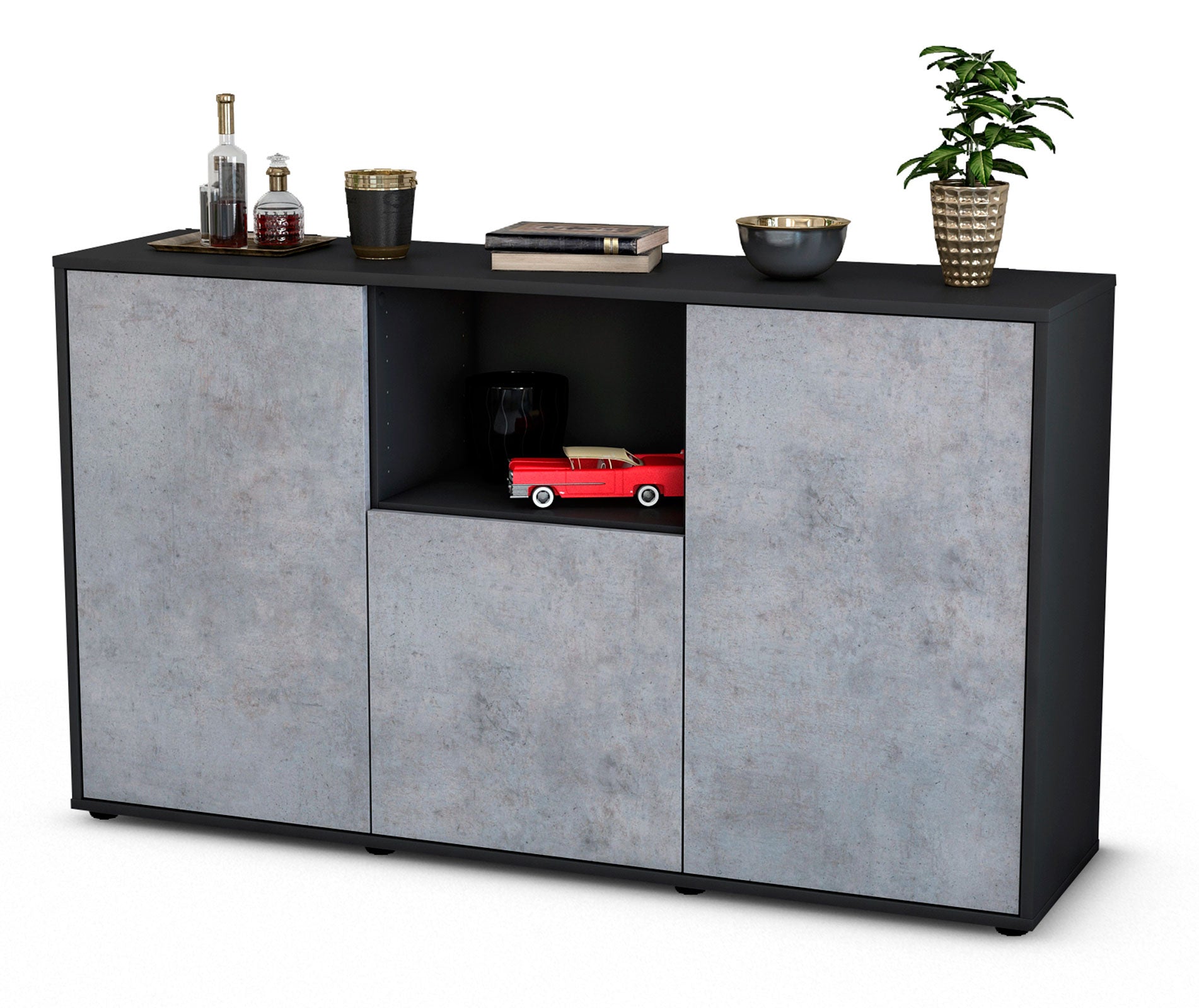 Sideboard - Demetria - Design Industrie Stil - Freistehend mit Push to Open 136 cm Anthrazit