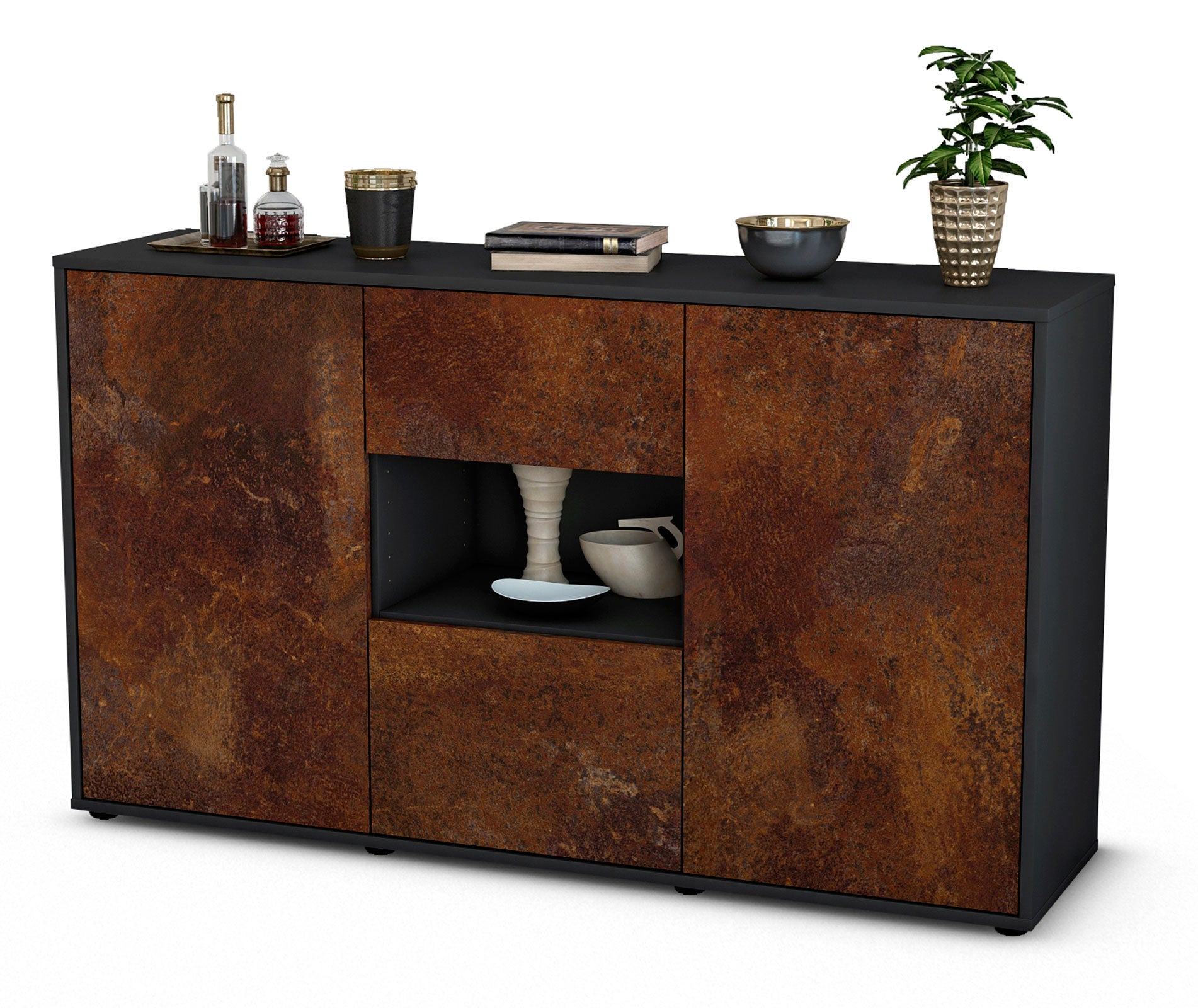 Sideboard - Denise - Design Industrie Stil - Freistehend mit Push to Open 136 cm Anthrazit