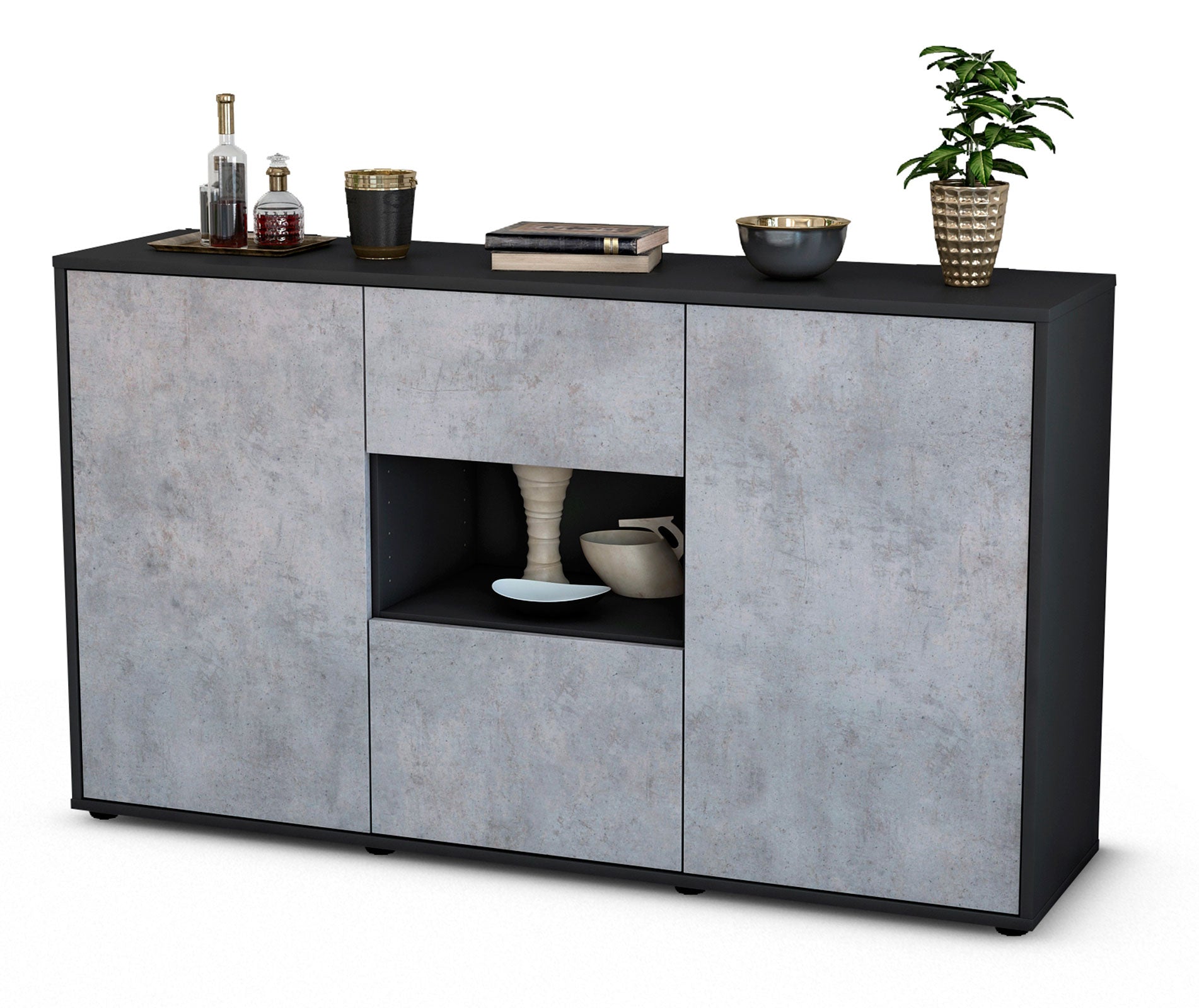 Sideboard - Denise - Design Industrie Stil - Freistehend mit Push to Open 136 cm Anthrazit