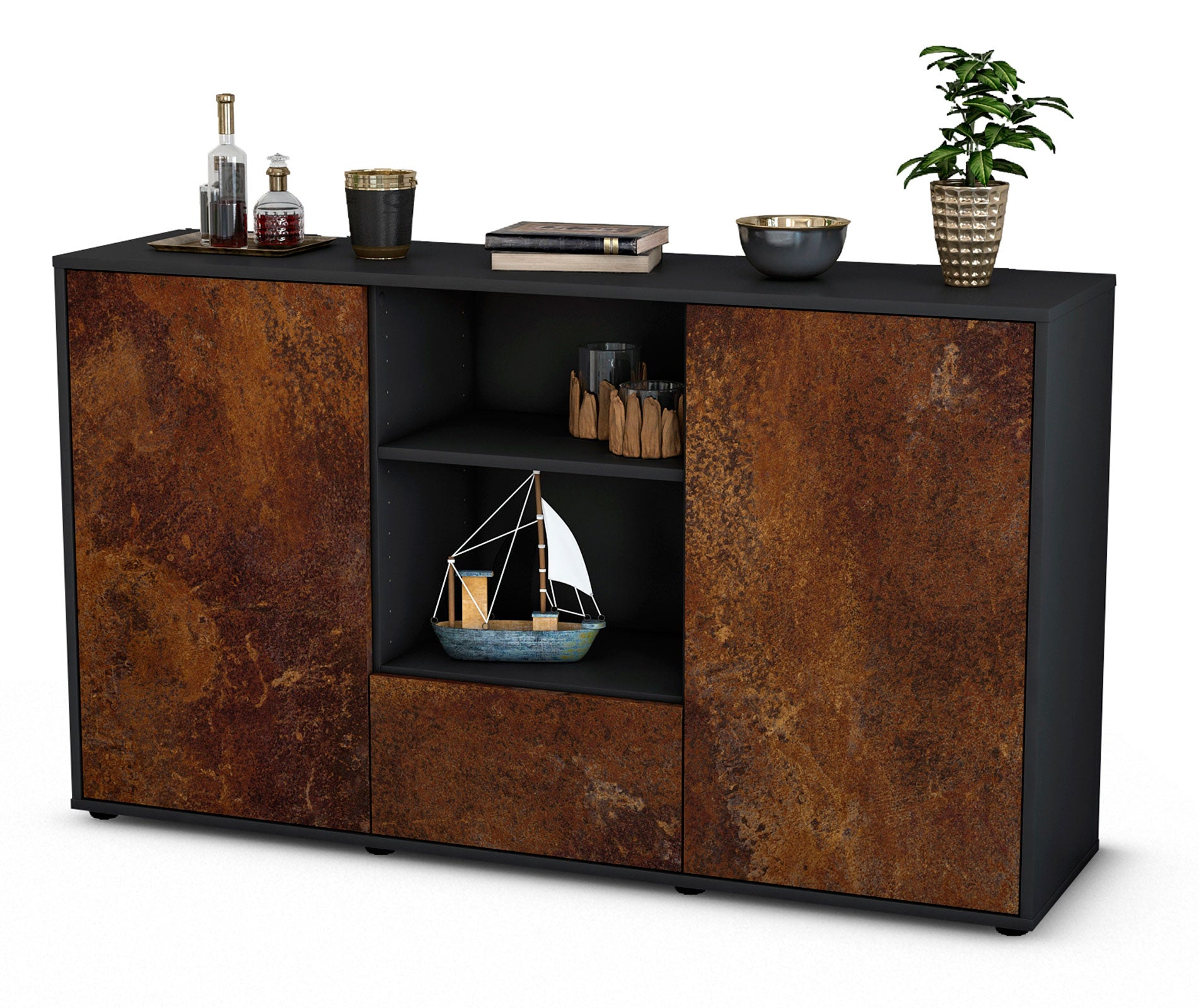 Sideboard - Desideria - Design Industrie Stil - Freistehend mit Push to Open 136 cm Anthrazit