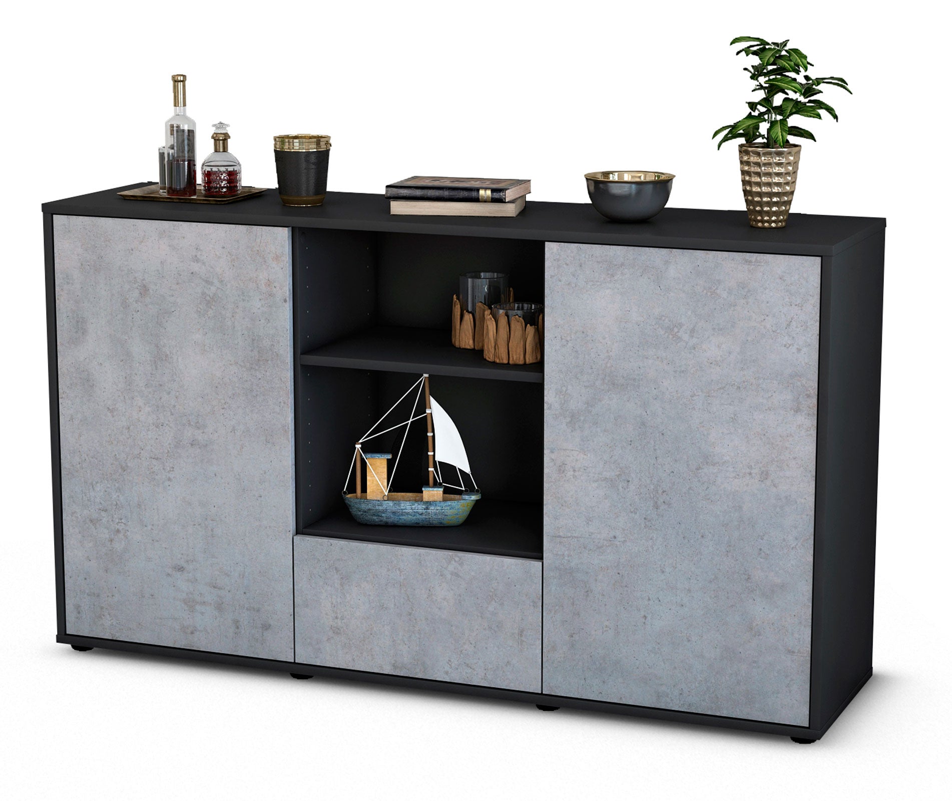 Sideboard - Desideria - Design Industrie Stil - Freistehend mit Push to Open 136 cm Anthrazit