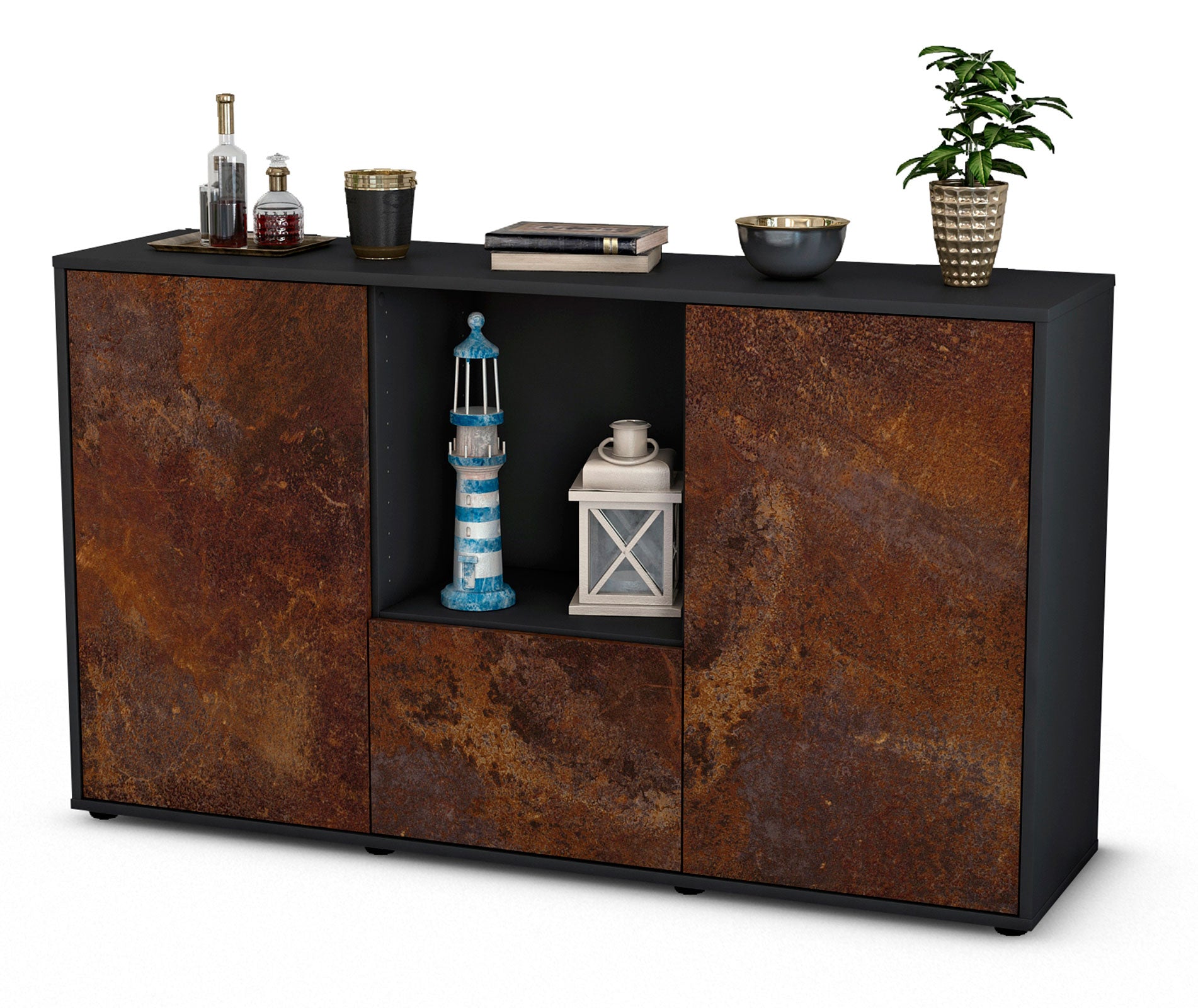 Sideboard - Dhonna - Design Industrie Stil - Freistehend mit Push to Open 136 cm Anthrazit