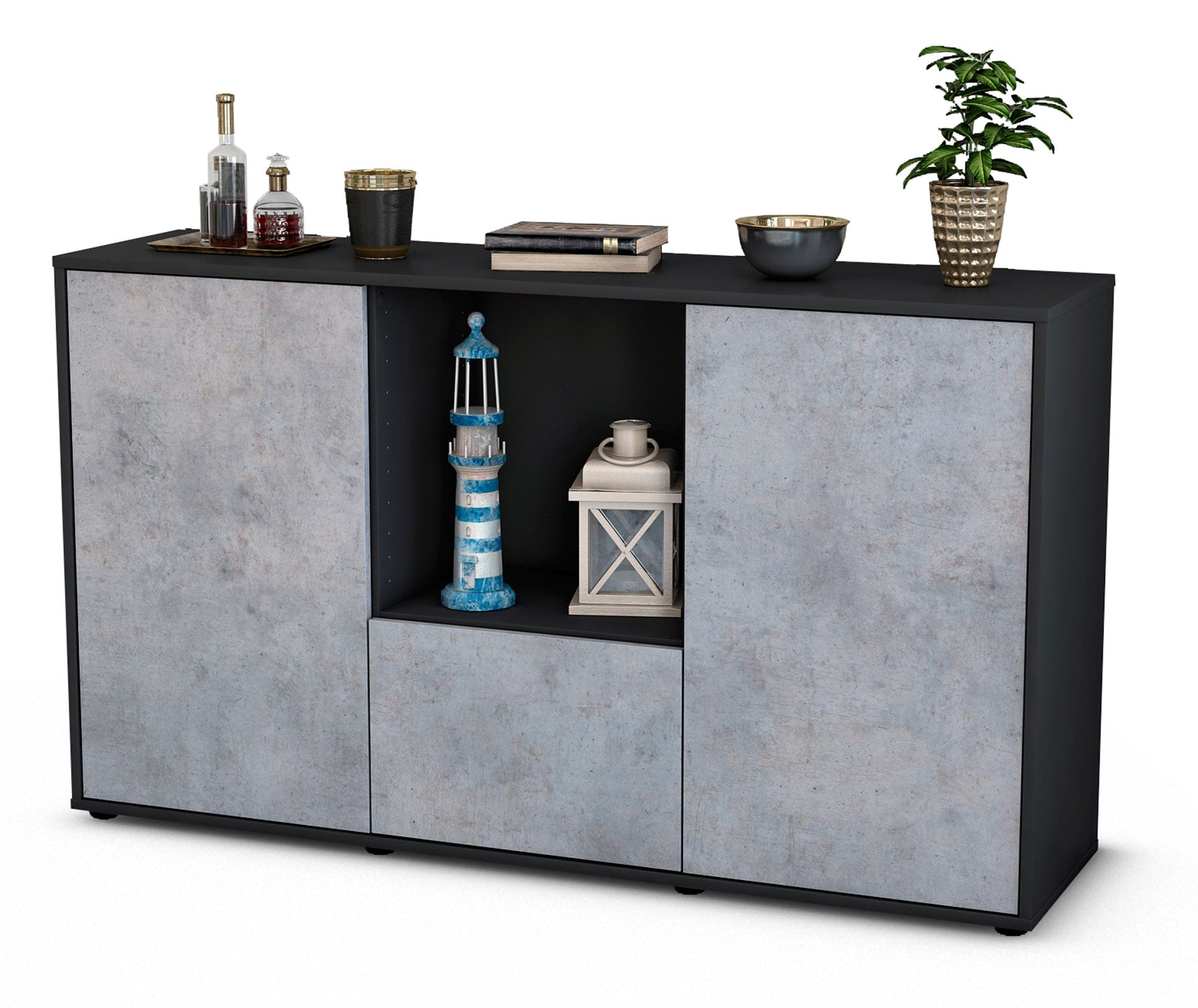 Sideboard - Dhonna - Design Industrie Stil - Freistehend mit Push to Open 136 cm Anthrazit