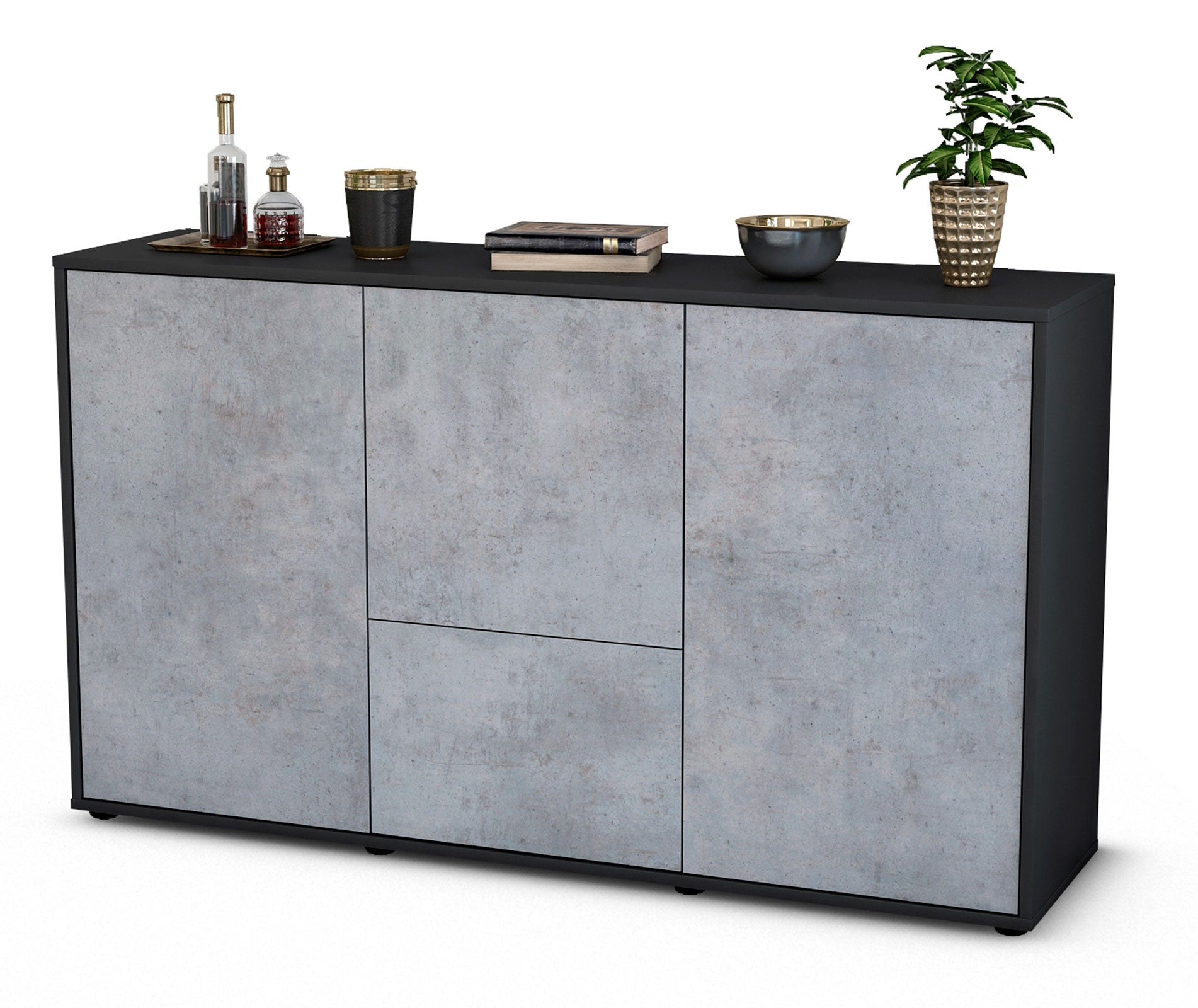 Sideboard - Diana - Design Industrie Stil - Freistehend mit Push to Open 136 cm Anthrazit