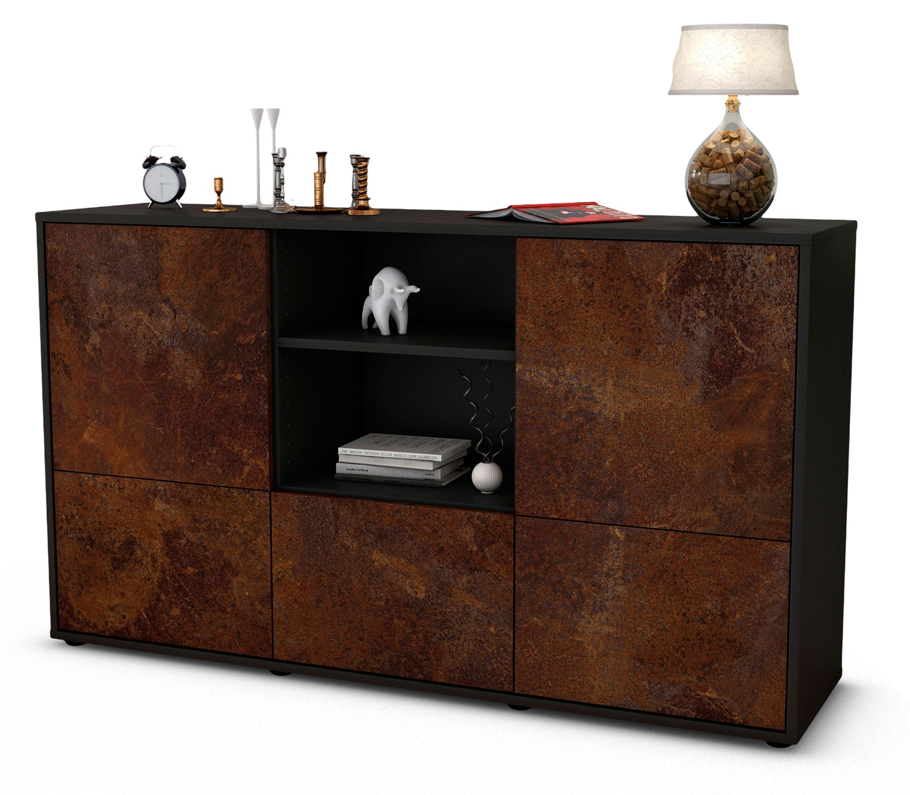 Sideboard - Diellza - Design Industrie Stil - Freistehend mit Push to Open 136 cm Anthrazit