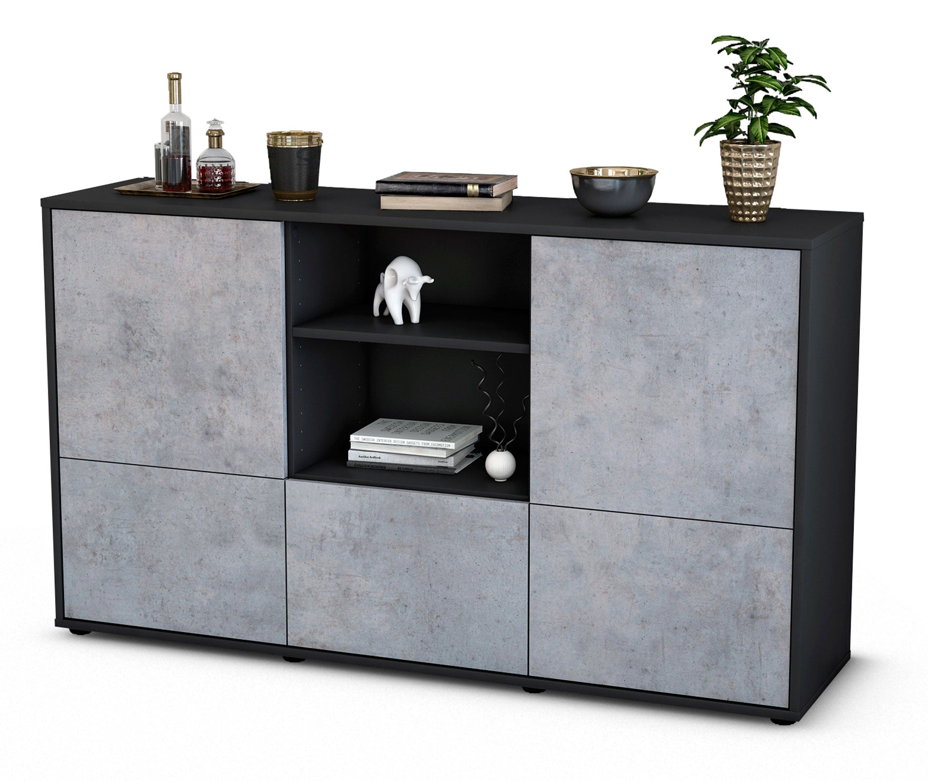 Sideboard - Diellza - Design Industrie Stil - Freistehend mit Push to Open 136 cm Anthrazit