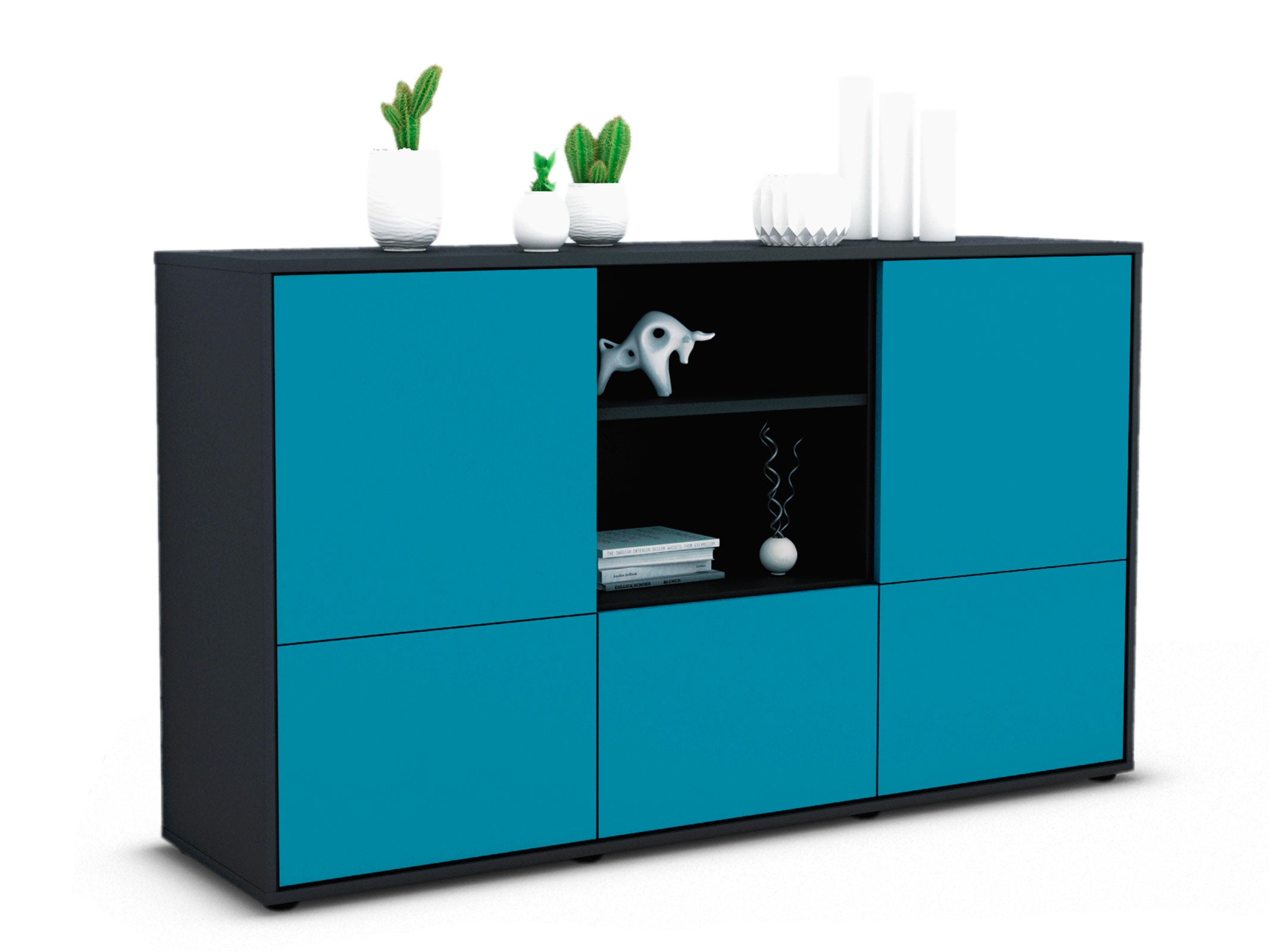 Sideboard - Diellza - Design Farbakzent - Freistehend mit Push to Open 136 cm Anthrazit