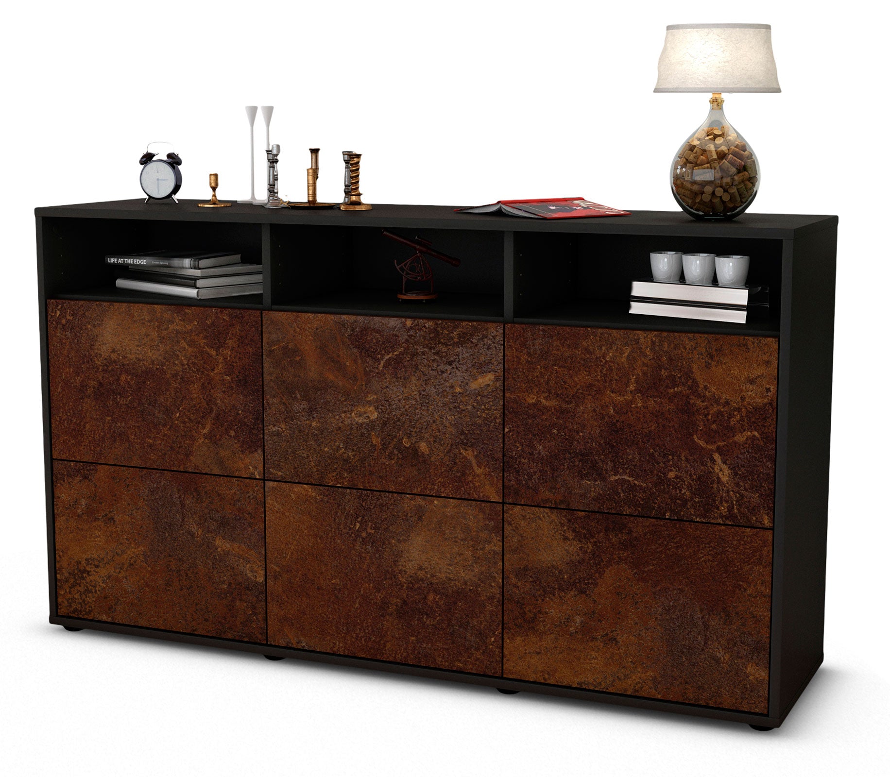 Sideboard - Dilara - Design Industrie Stil - Freistehend mit Push to Open 136 cm Anthrazit