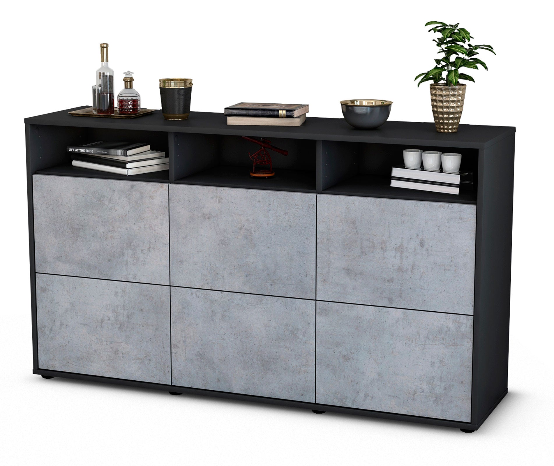 Sideboard - Dilara - Design Industrie Stil - Freistehend mit Push to Open 136 cm Anthrazit