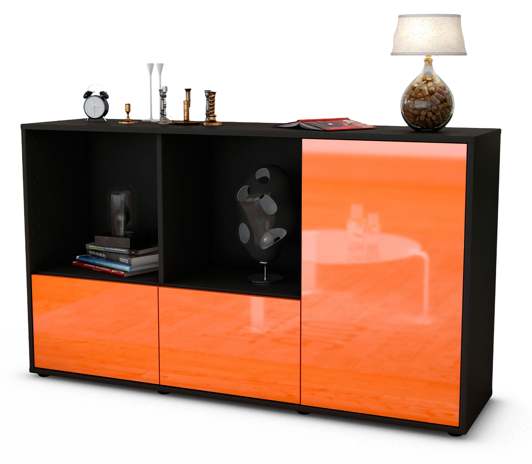 Sideboard - Dolcia - Design Hochglanz - Freistehend mit Push to Open 136 cm Anthrazit