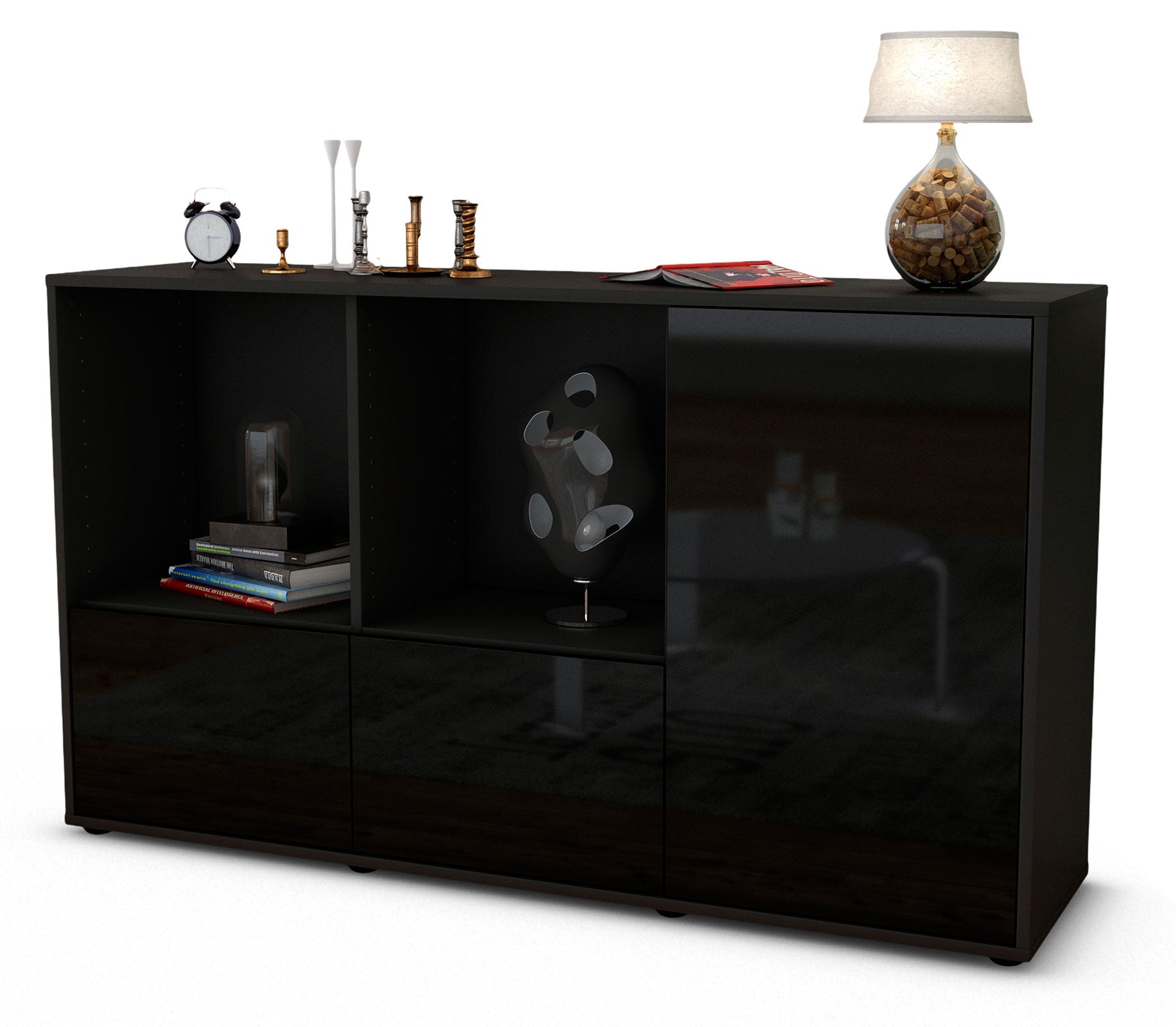 Sideboard - Dolcia - Design Hochglanz - Freistehend mit Push to Open 136 cm Anthrazit