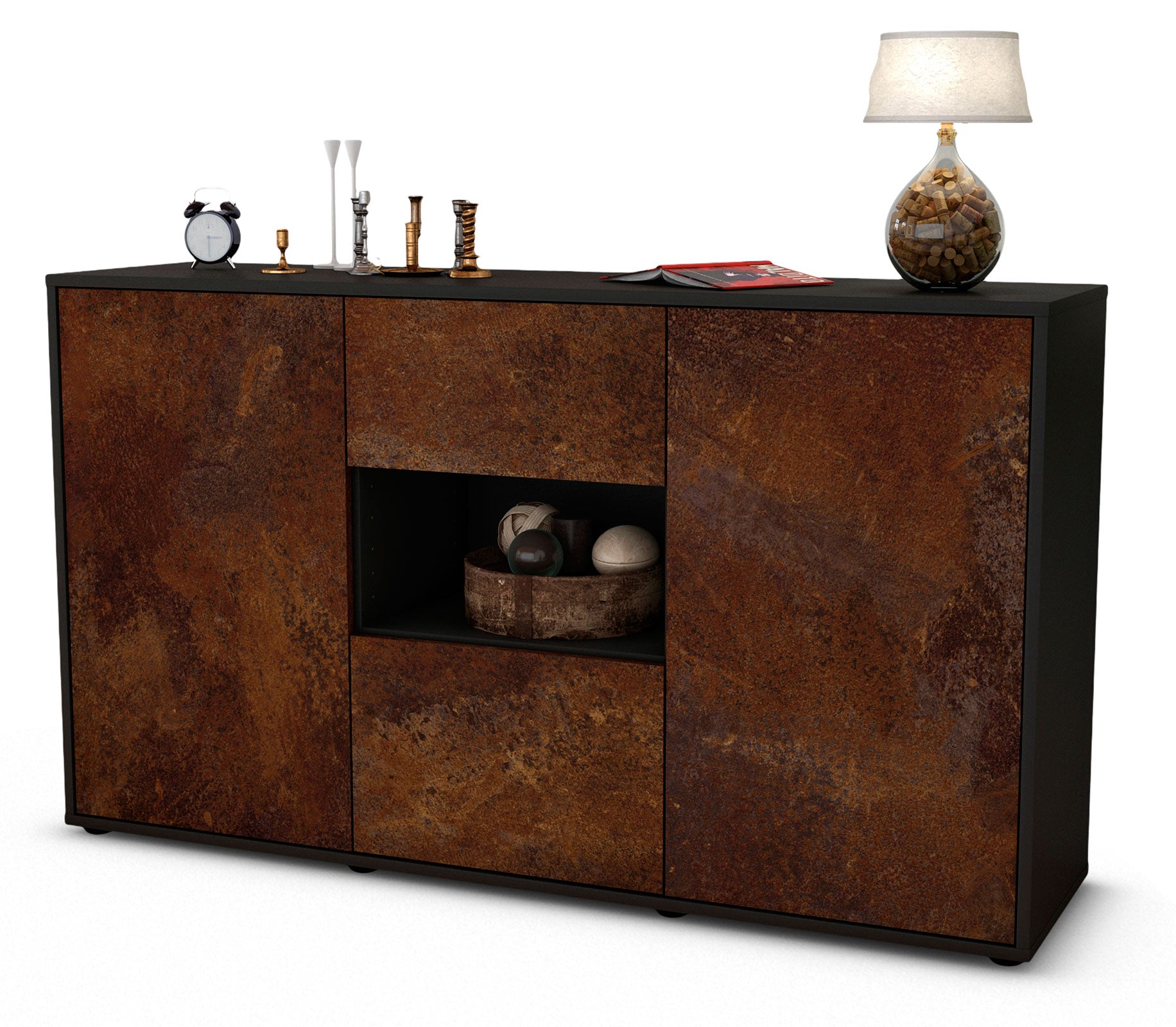 Sideboard - Doriana - Design Industrie Stil - Freistehend mit Push to Open 136 cm Anthrazit