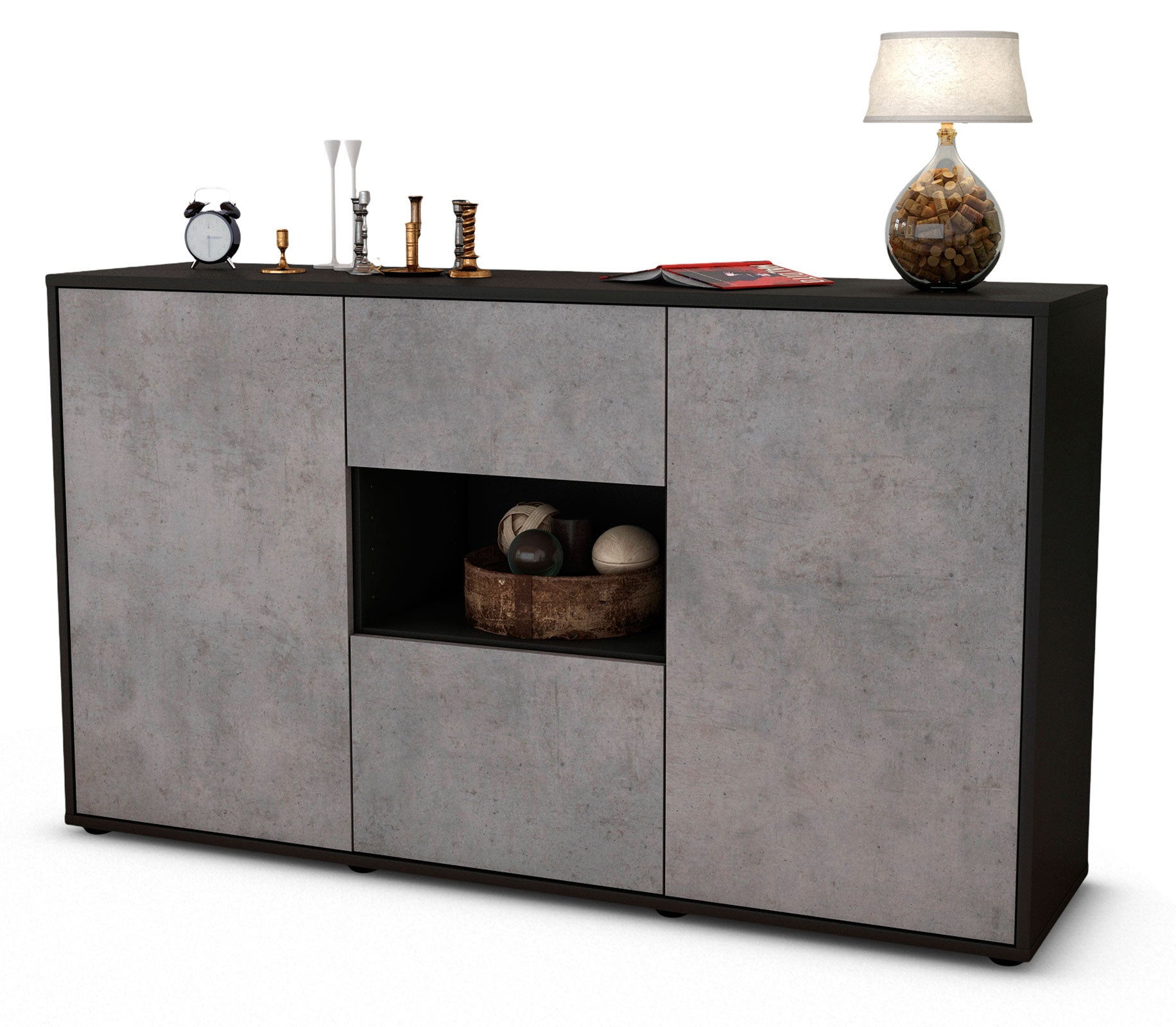 Sideboard - Doriana - Design Industrie Stil - Freistehend mit Push to Open 136 cm Anthrazit