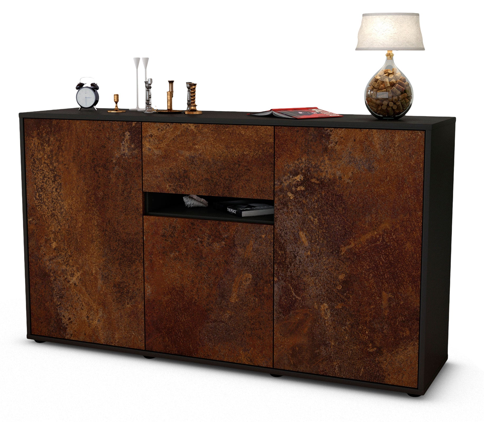 Sideboard - Dorina - Design Industrie Stil - Freistehend mit Push to Open 136 cm Anthrazit