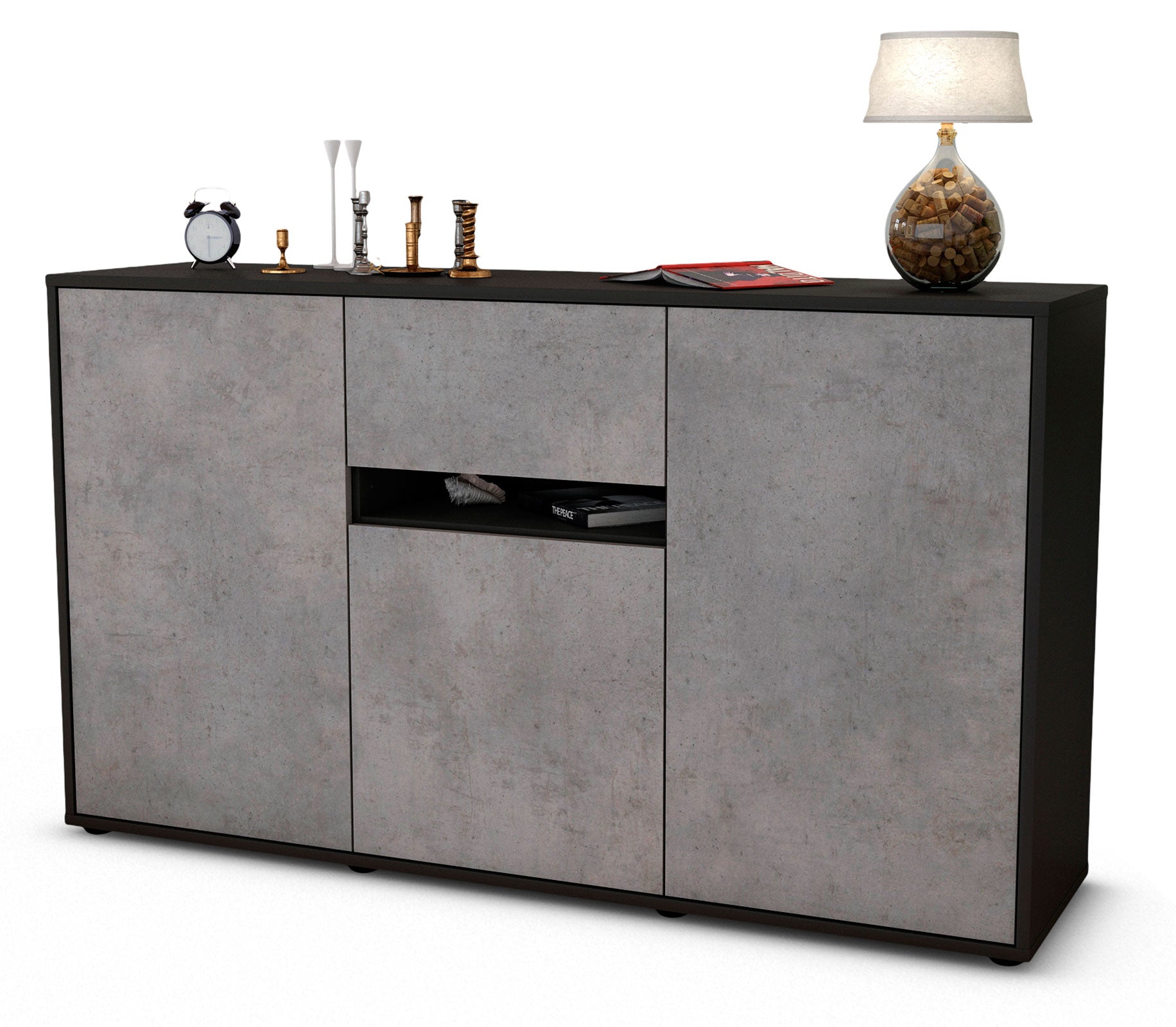 Sideboard - Dorina - Design Industrie Stil - Freistehend mit Push to Open 136 cm Anthrazit