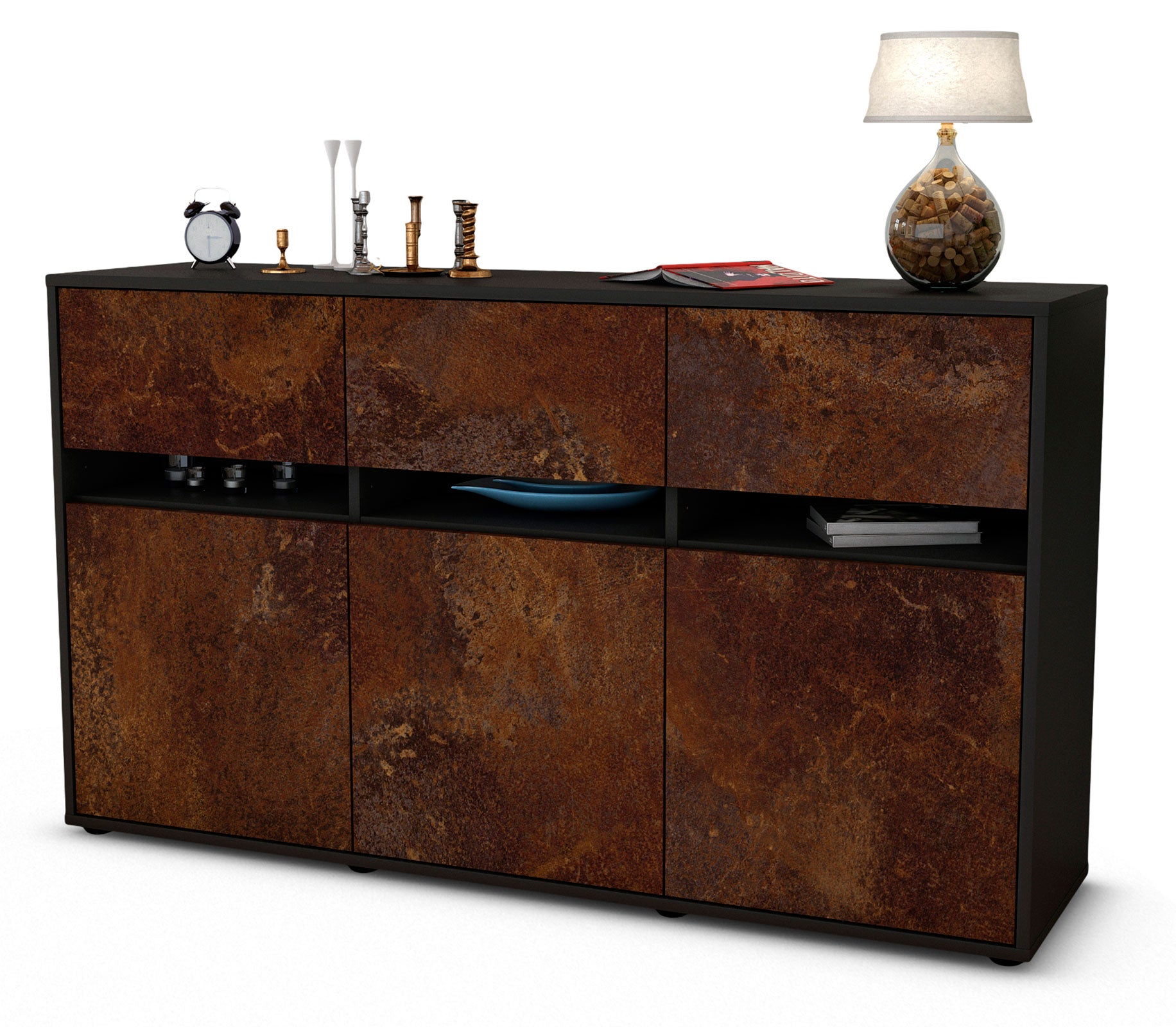 Sideboard - Dorinde - Design Industrie Stil - Freistehend mit Push to Open 136 cm Anthrazit