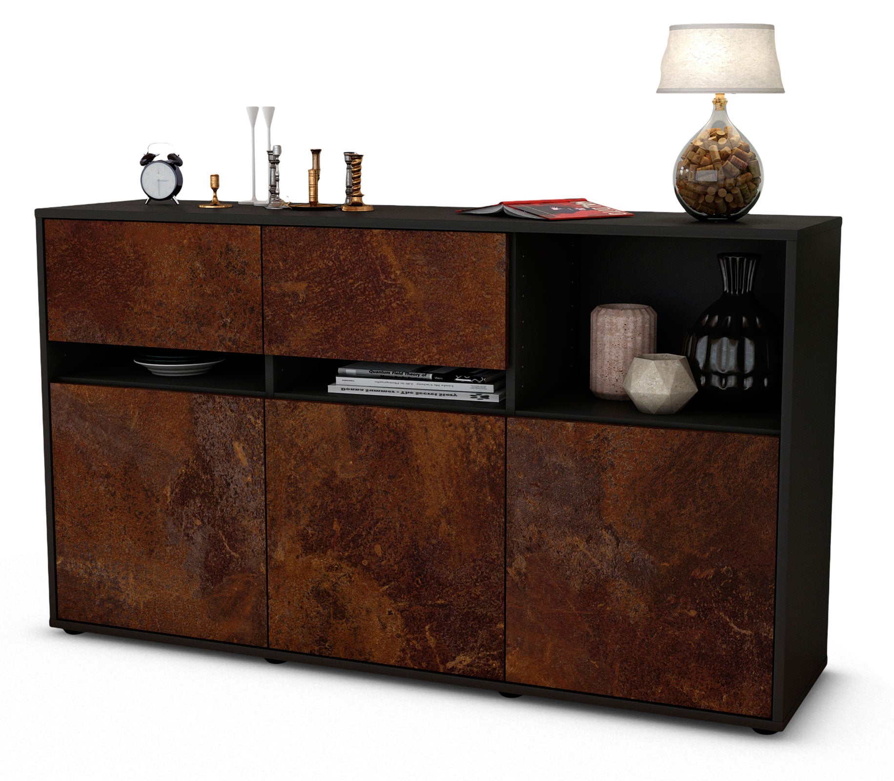 Sideboard - Dorotea - Design Industrie Stil - Freistehend mit Push to Open 136 cm Anthrazit