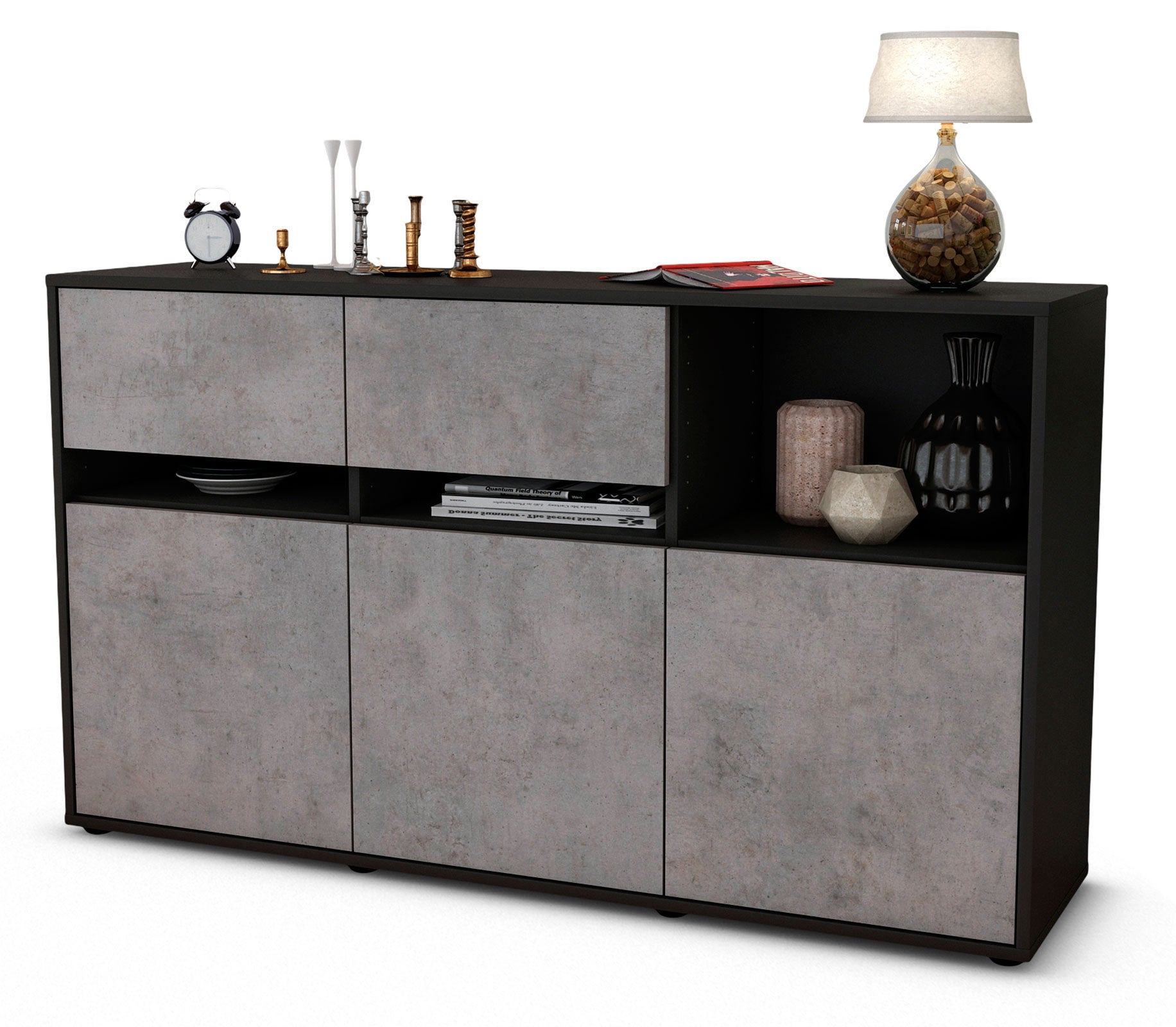 Sideboard - Dorotea - Design Industrie Stil - Freistehend mit Push to Open 136 cm Anthrazit