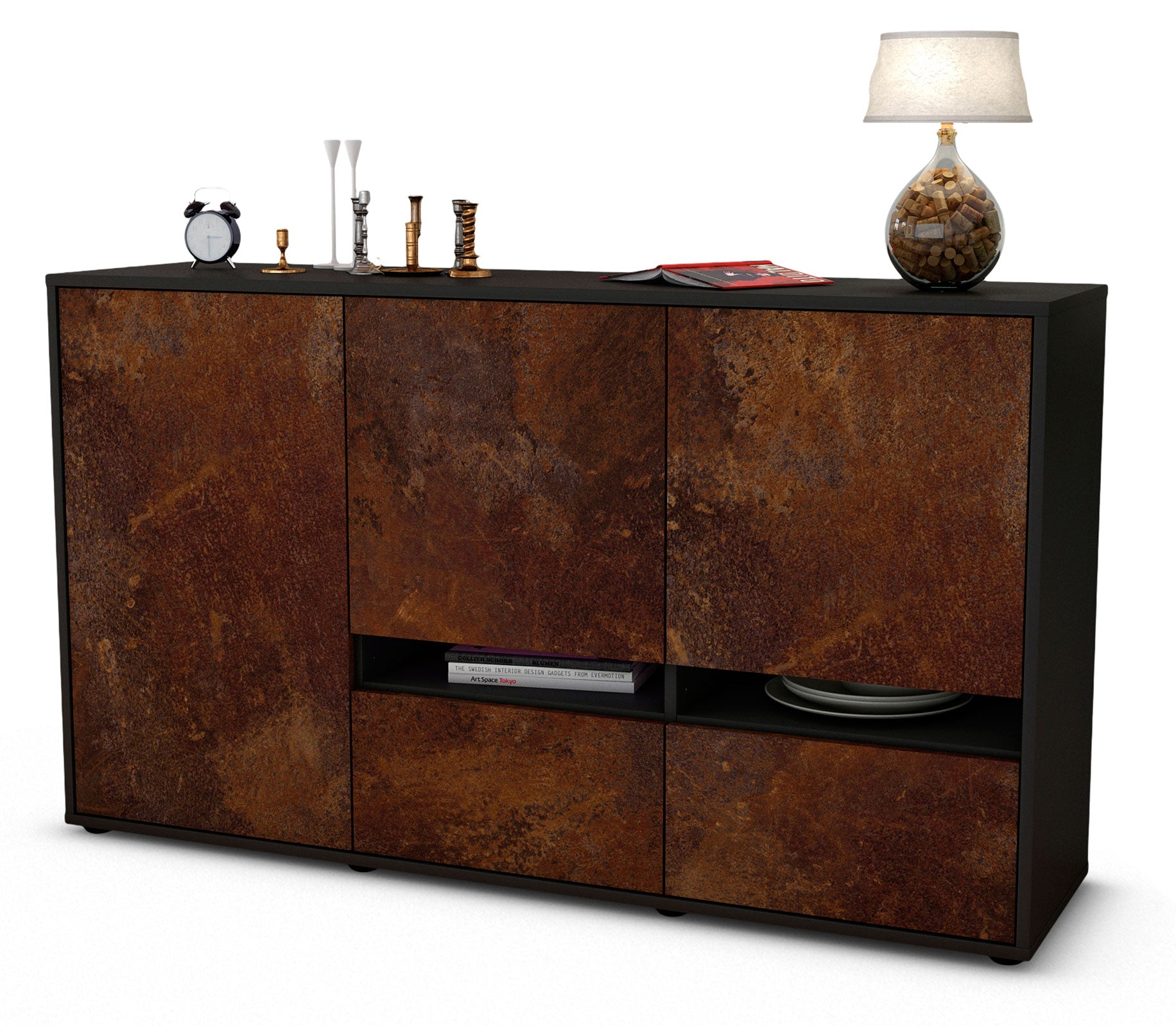 Sideboard - Ebe - Design Industrie Stil - Freistehend mit Push to Open 136 cm Anthrazit