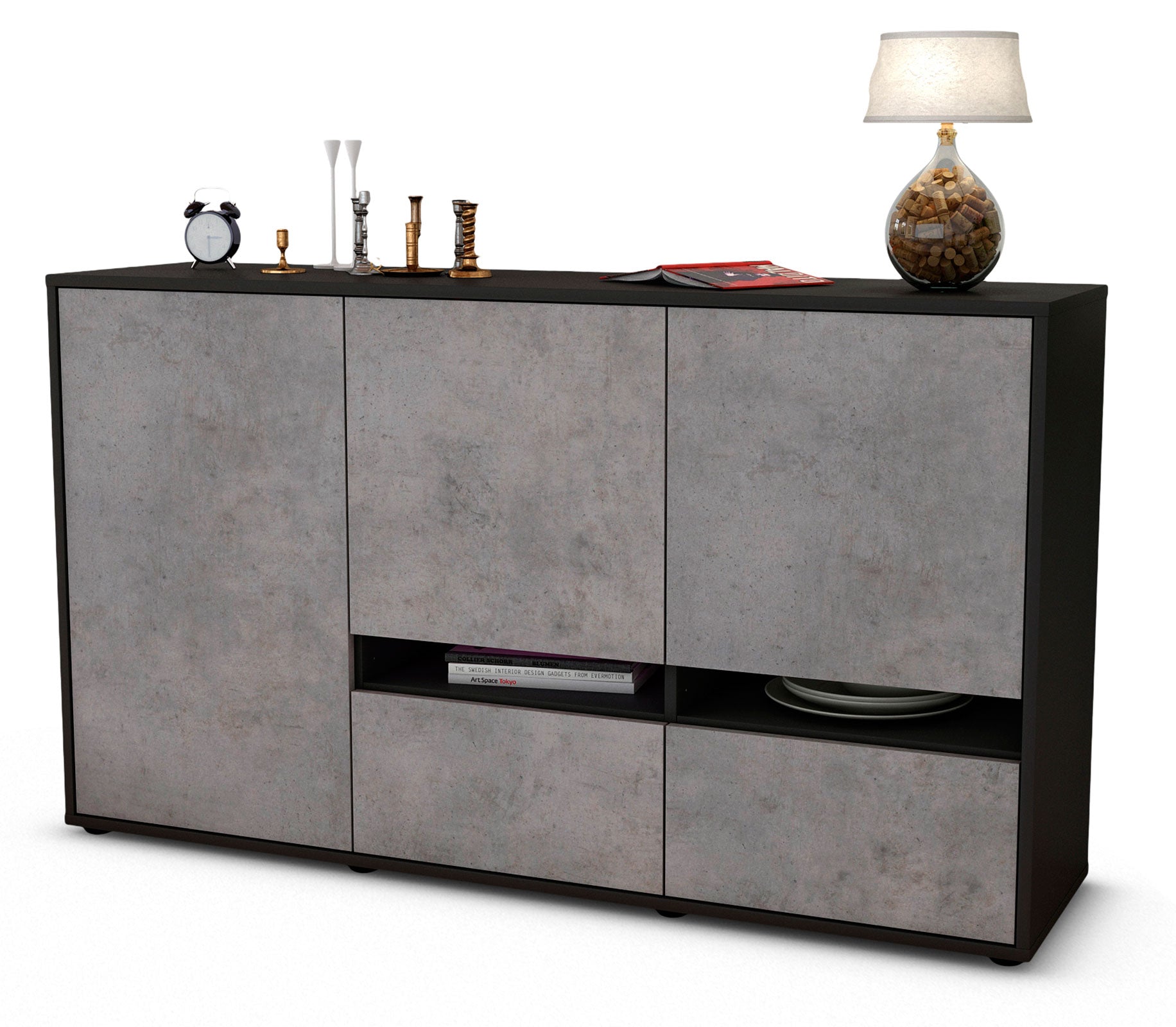 Sideboard - Ebe - Design Industrie Stil - Freistehend mit Push to Open 136 cm Anthrazit