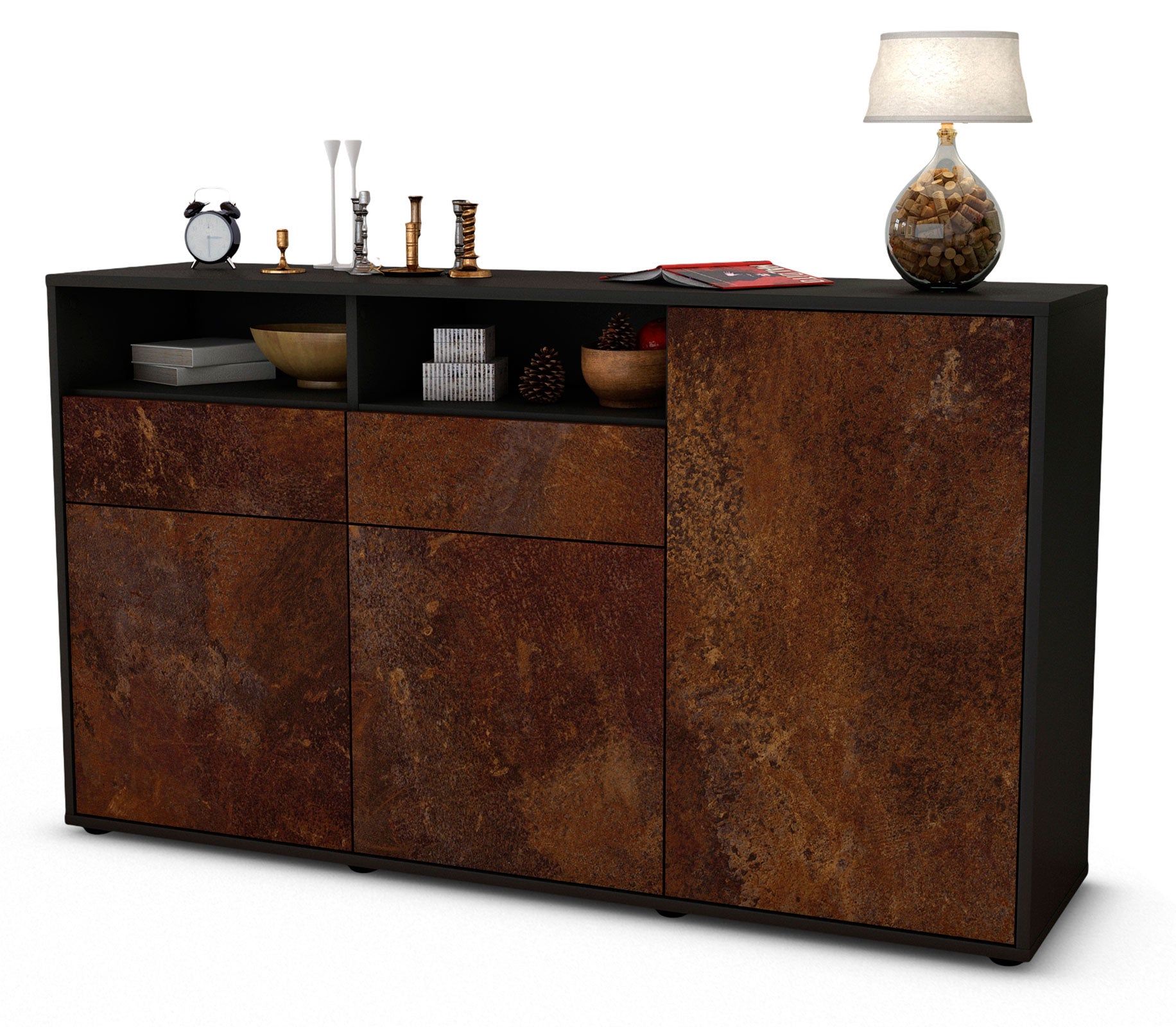 Sideboard - Editta - Design Industrie Stil - Freistehend mit Push to Open 136 cm Anthrazit