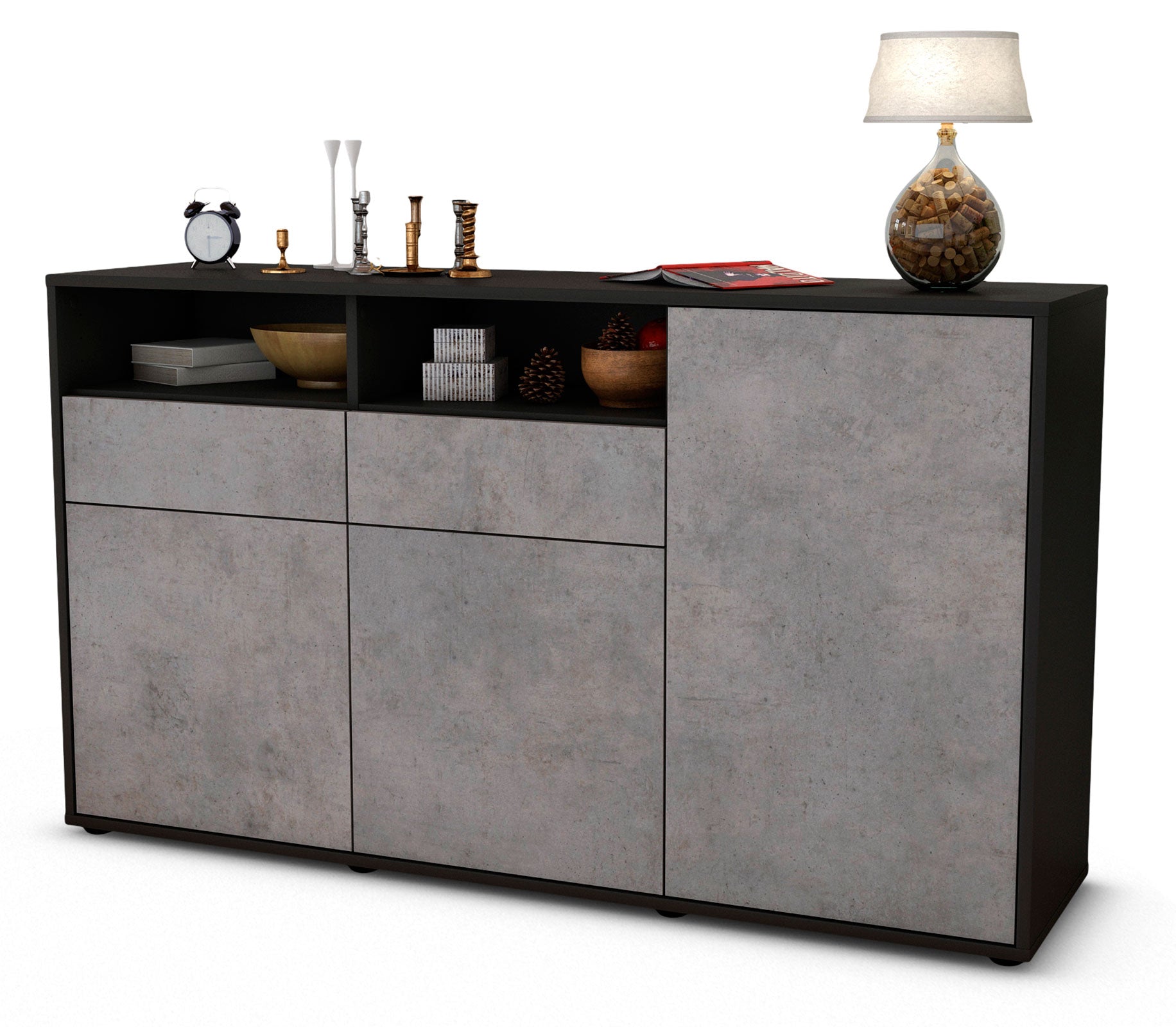 Sideboard - Editta - Design Industrie Stil - Freistehend mit Push to Open 136 cm Anthrazit