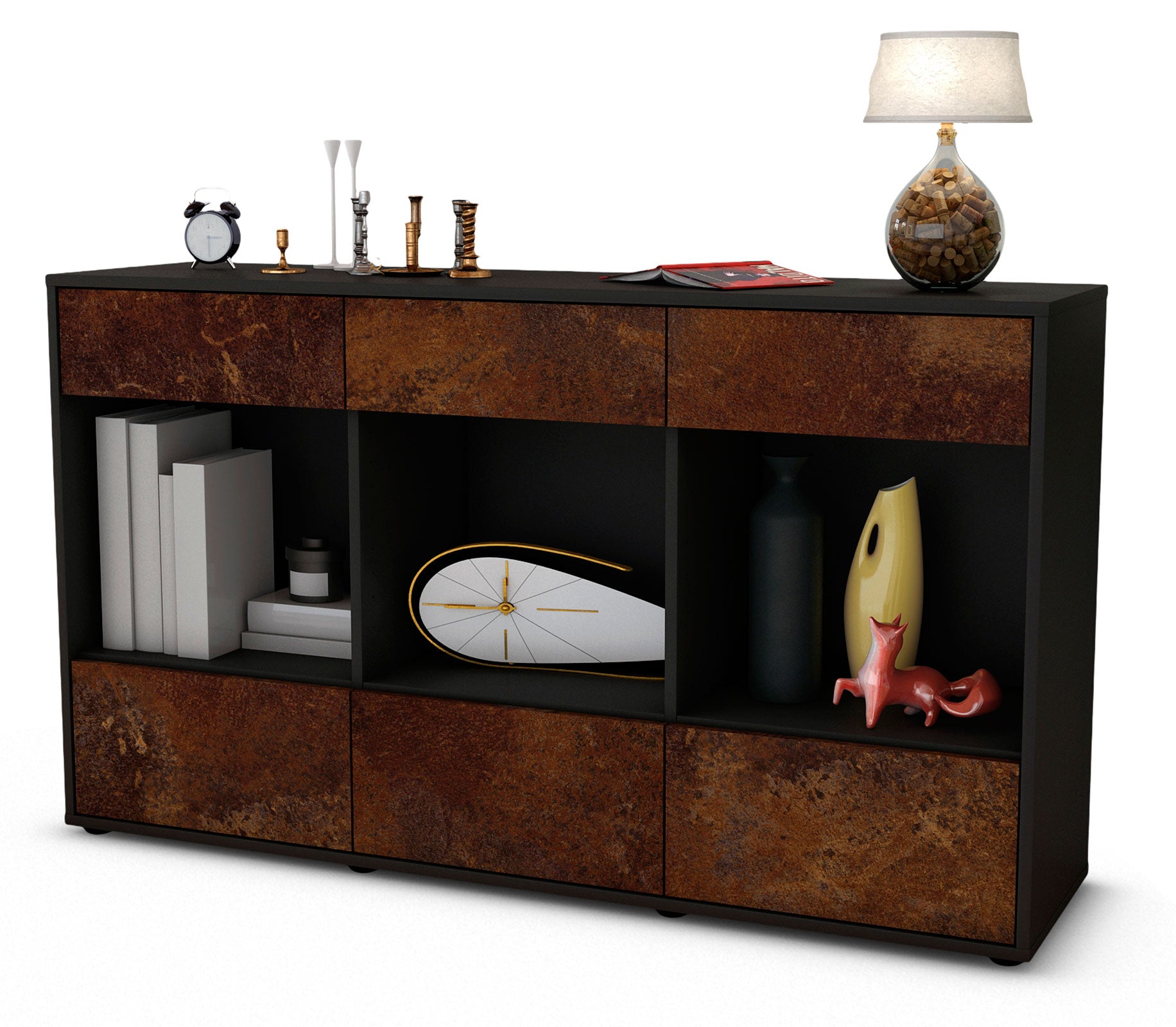 Sideboard - Efisia - Design Industrie Stil - Freistehend mit Push to Open 136 cm Anthrazit