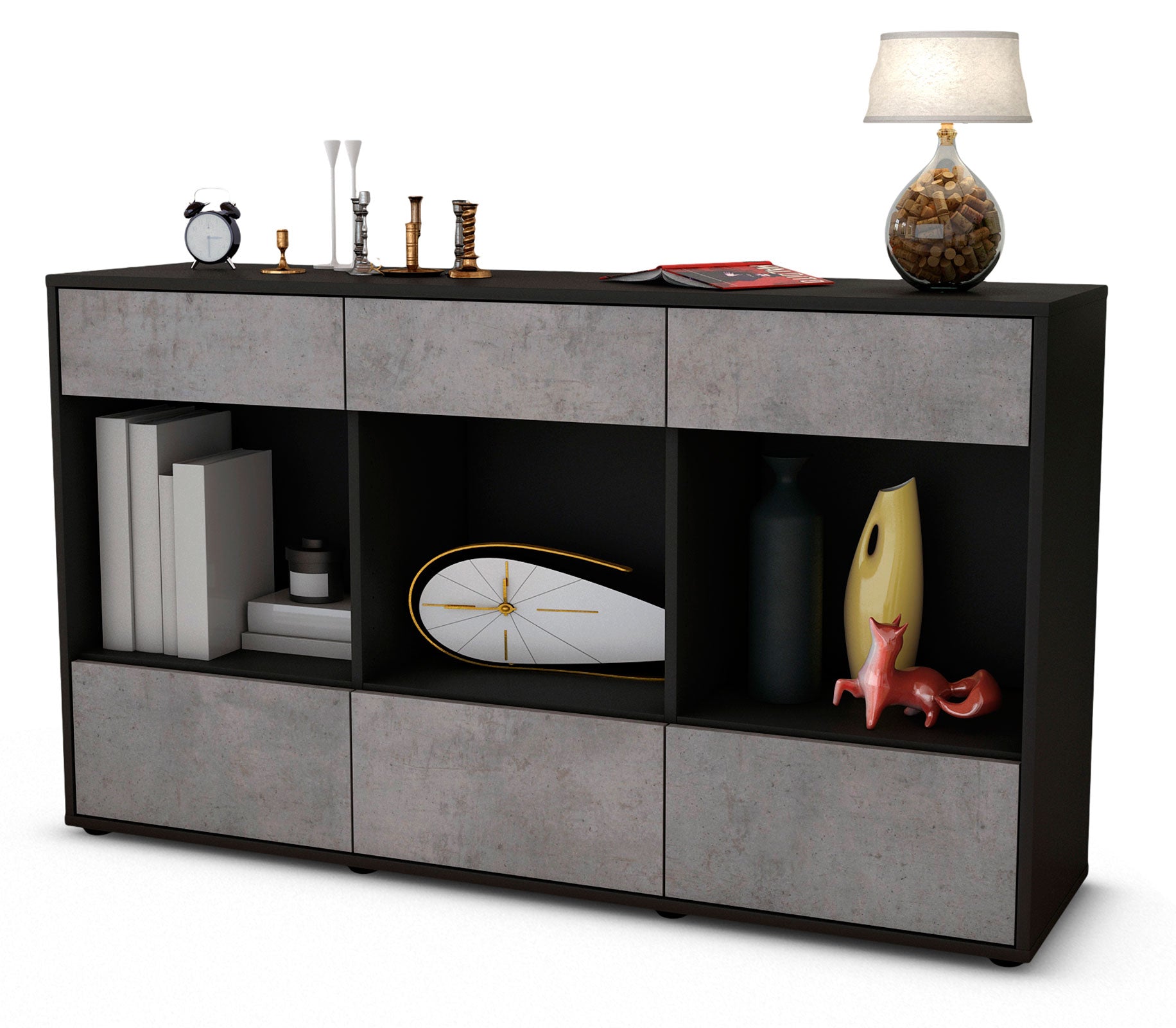 Sideboard - Efisia - Design Industrie Stil - Freistehend mit Push to Open 136 cm Anthrazit