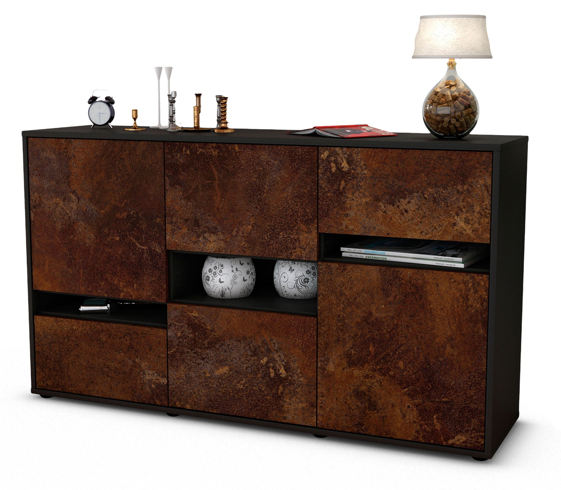 Sideboard - Egizia - Design Industrie Stil - Freistehend mit Push to Open 136 cm Anthrazit