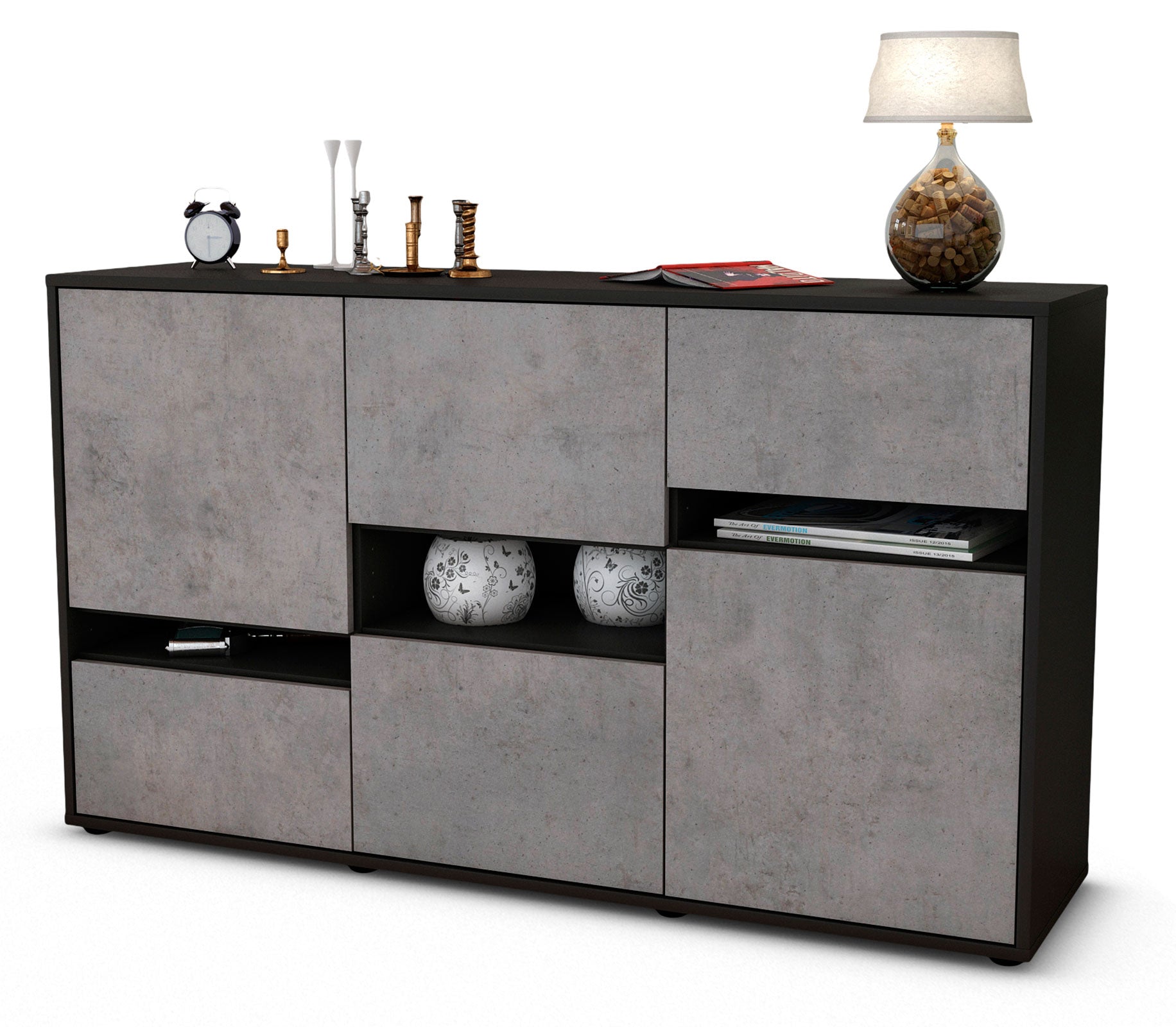 Sideboard - Egizia - Design Industrie Stil - Freistehend mit Push to Open 136 cm Anthrazit