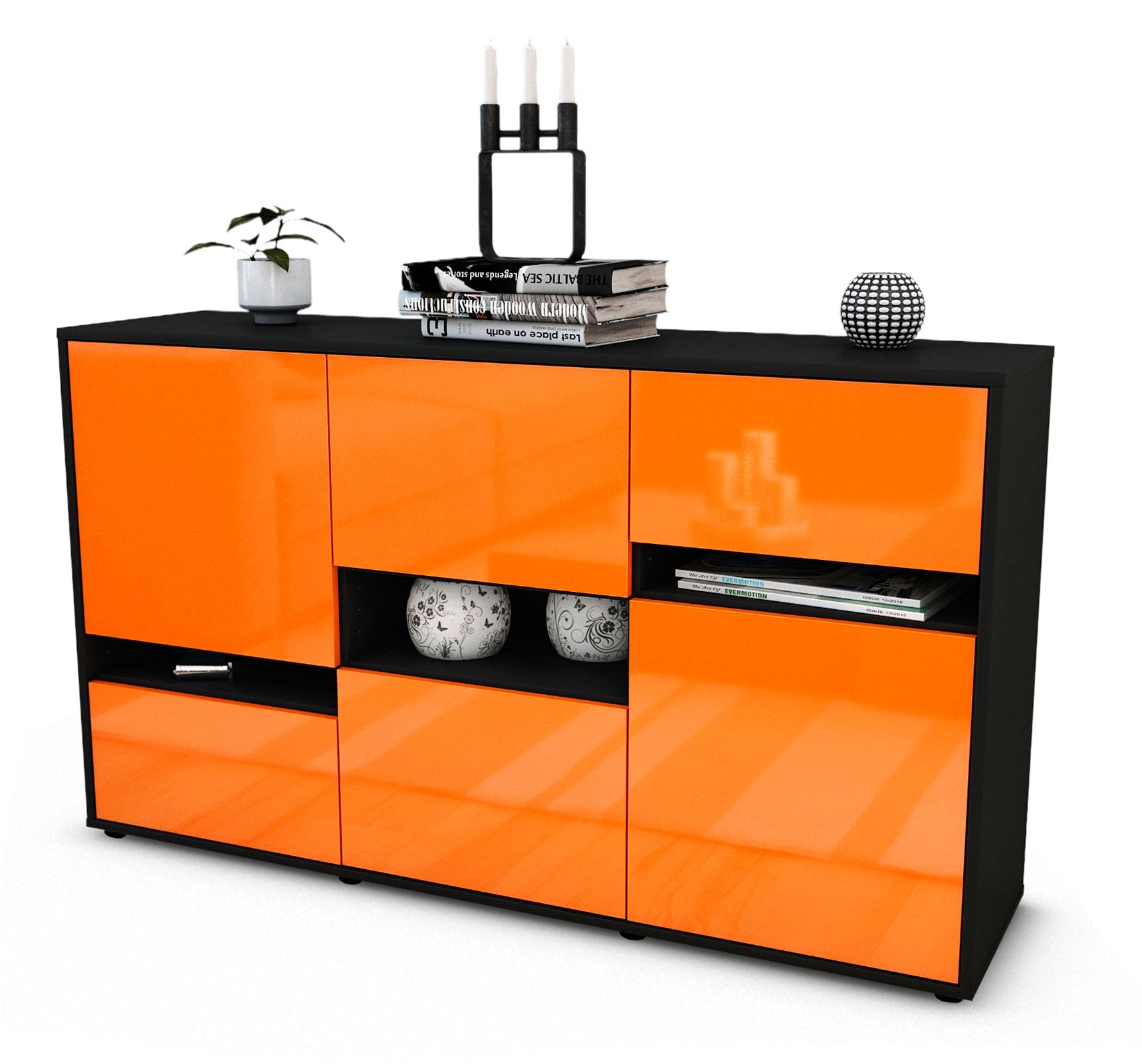 Sideboard - Egizia - Design Hochglanz - Freistehend mit Push to Open 136 cm Anthrazit